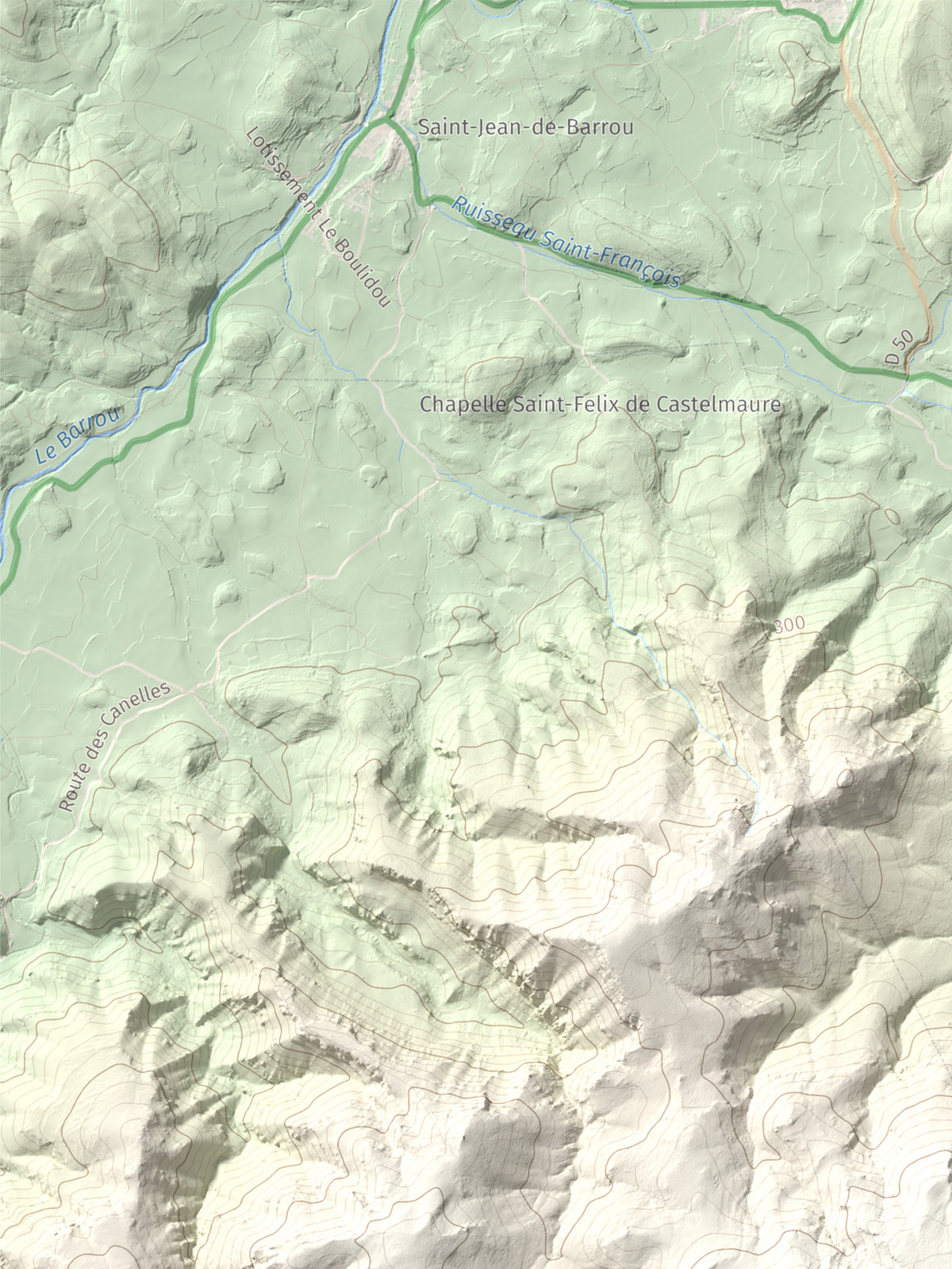 Mapa topogràfic del relleu: Montolier de Perellós, 707 m. Detall de la zona superior esquerra. 30 × 40 cm.