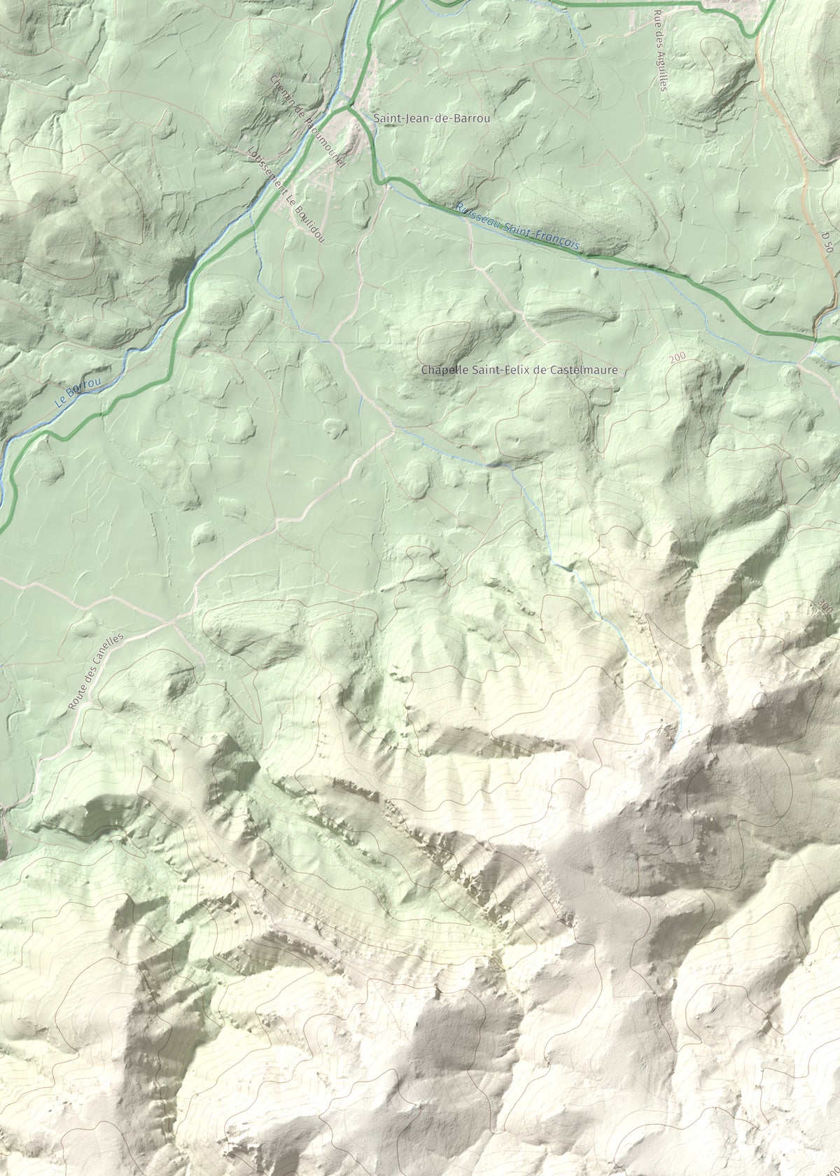 Mapa topogràfic del relleu: Montolier de Perellós, 707 m. Detall de la zona superior esquerra. 50 × 70 cm.