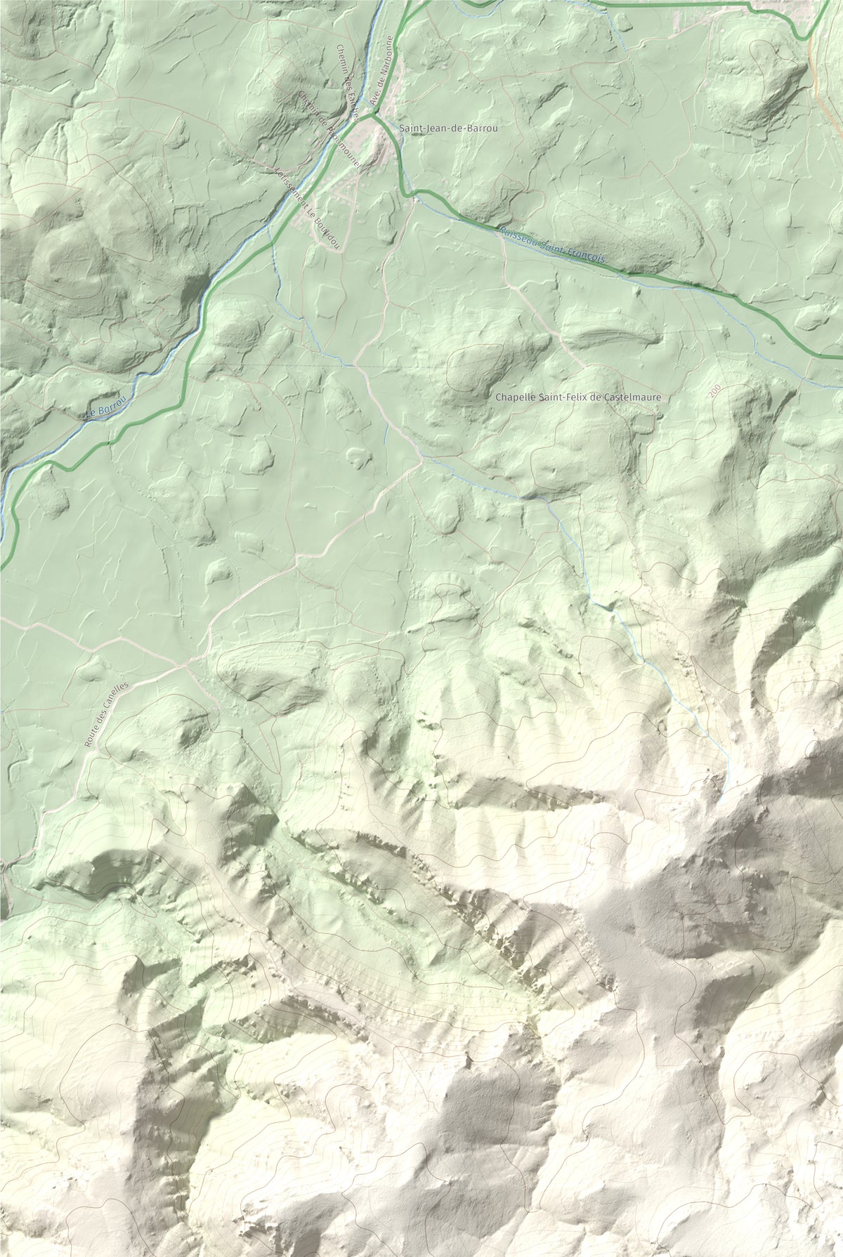 Mapa topogràfic del relleu: Montolier de Perellós, 707 m. Detall de la zona superior esquerra. 61 × 91 cm.