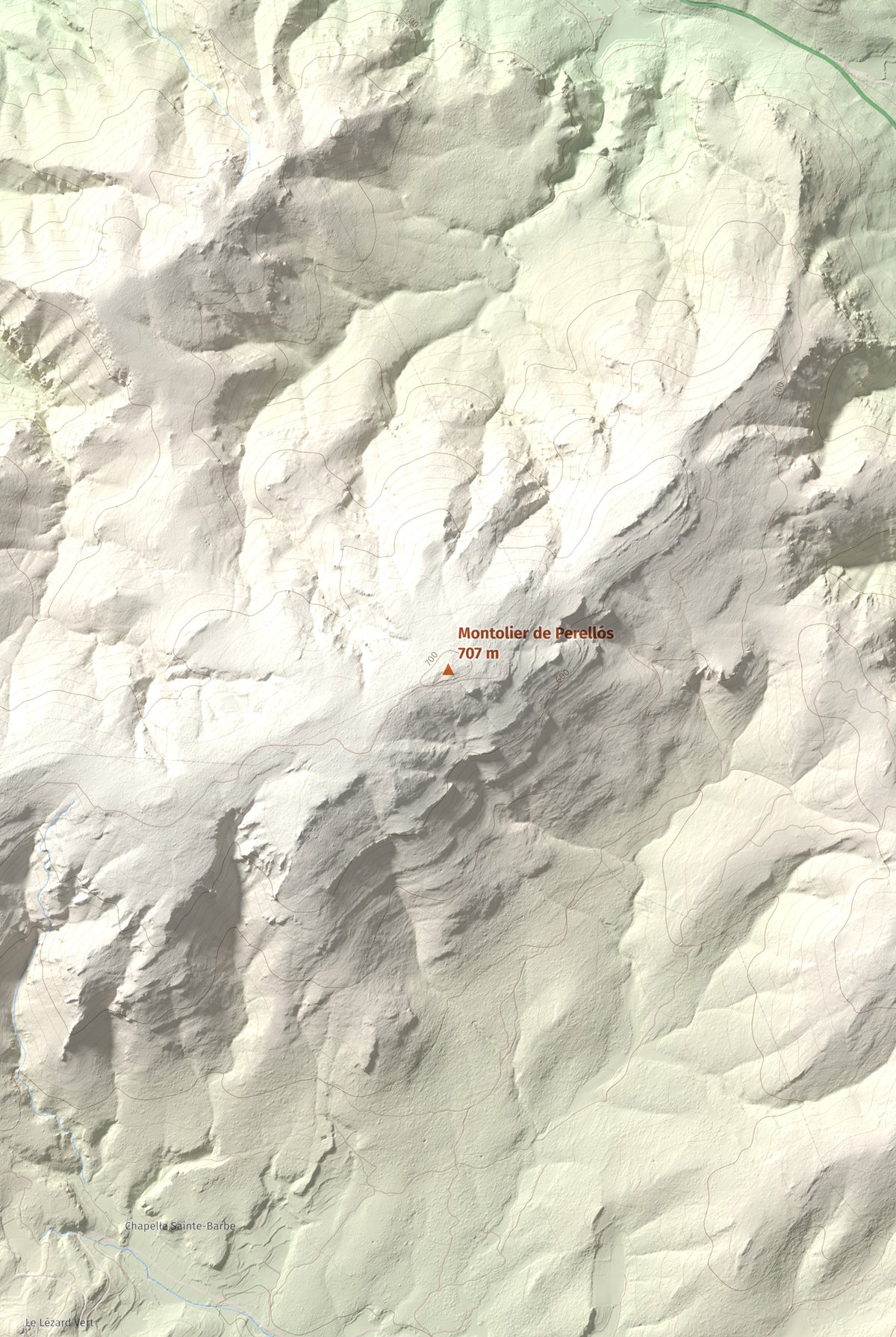 Mapa topogràfic del relleu: Montolier de Perellós, 707 m. Detall de la zona central. 61 × 91 cm.