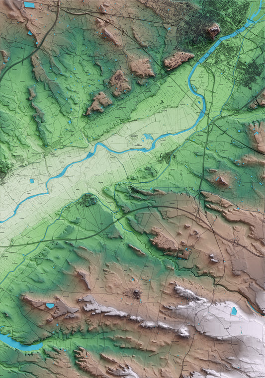 Mapa artístico del relieve de Montoliu de Lleida, al Segrià, con 15 km de entorno y base topográfica ICGC