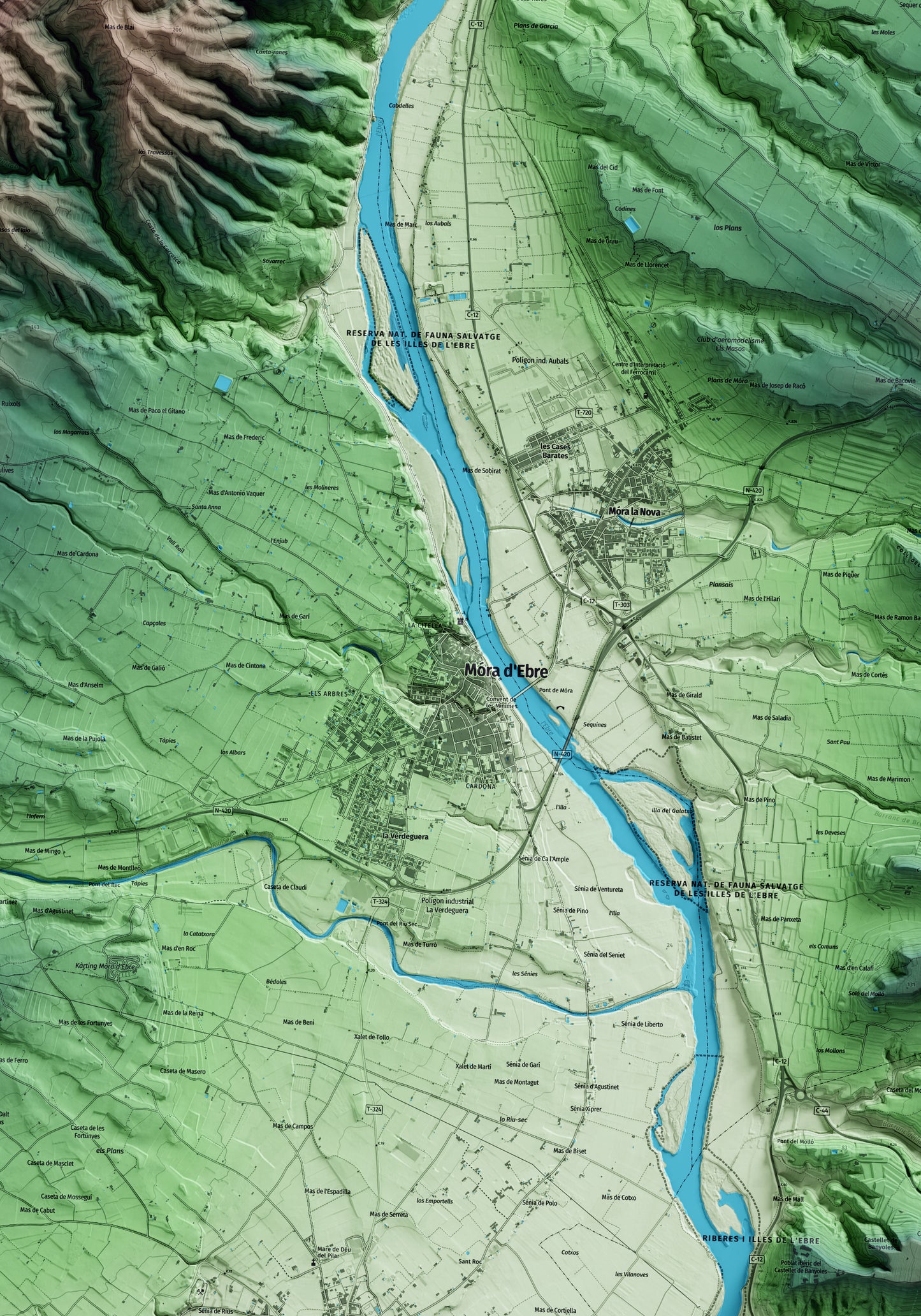 Mapa artístico del relieve de Móra d'Ebre, a la Ribera de Ebro, con 15 km de entorno y base topográfica ICGC. Detalle de la zona central.