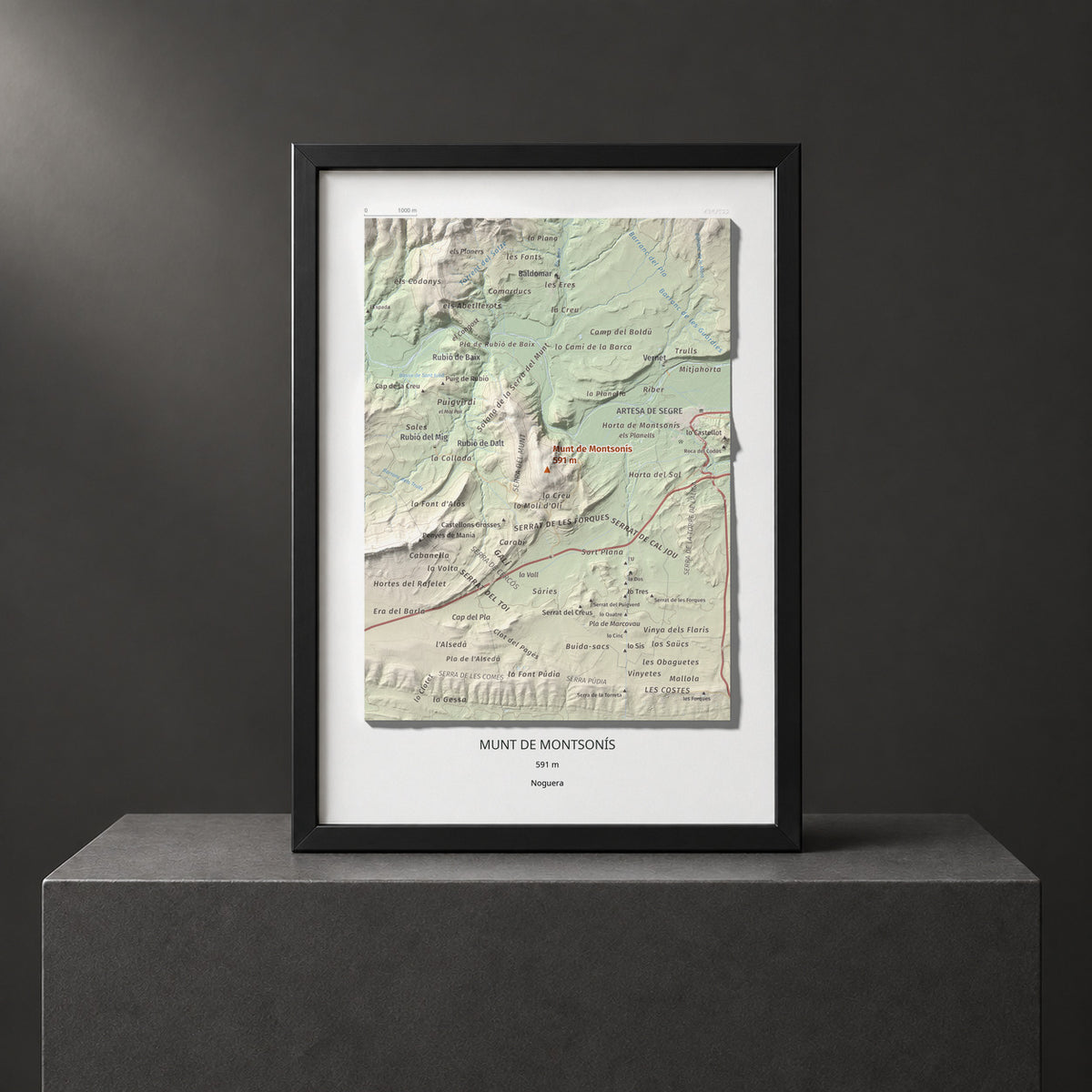 Mapa de relieve de Munt de Montsonís, 591 m, Noguera, lámina 100 Cims de Trobart. Presentación enmarcada. 21 × 30 cm.