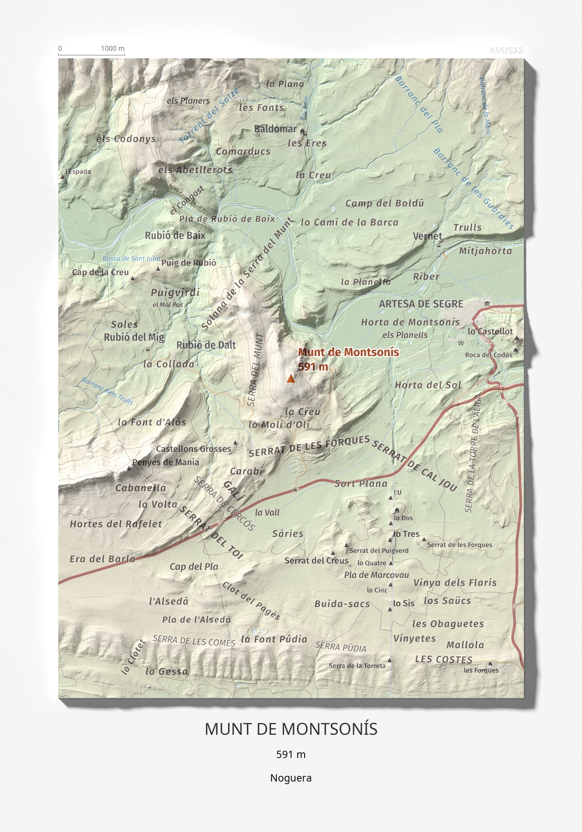 Mapa de relieve de Munt de Montsonís, 591 m, Noguera, lámina 100 Cims de Trobart 21 × 30 cm.