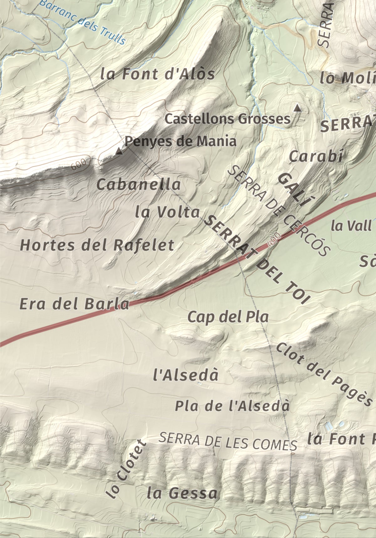 Mapa de relieve de Munt de Montsonís, 591 m, Noguera, lámina 100 Cims de Trobart. Detalle de la zona inferior izquierda. 21 × 30 cm.