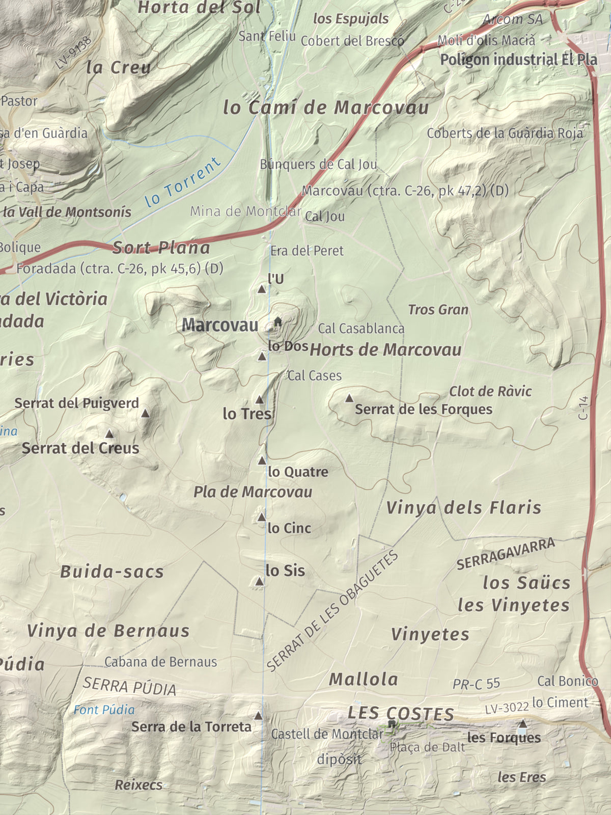 Mapa de relieve de Munt de Montsonís, 591 m, Noguera, lámina 100 Cims de Trobart. Detalle de la zona inferior derecha. 30 × 40 cm.