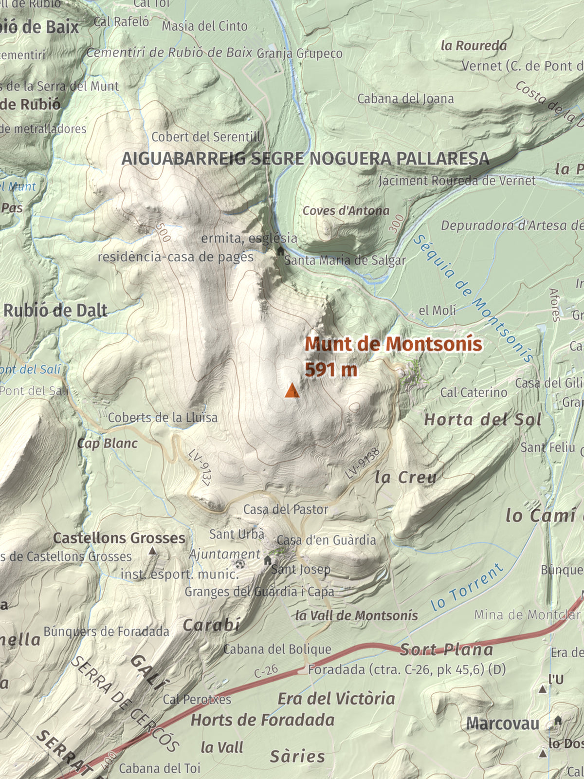 Mapa de relieve de Munt de Montsonís, 591 m, Noguera, lámina 100 Cims de Trobart. Detalle de la zona central. 30 × 40 cm.