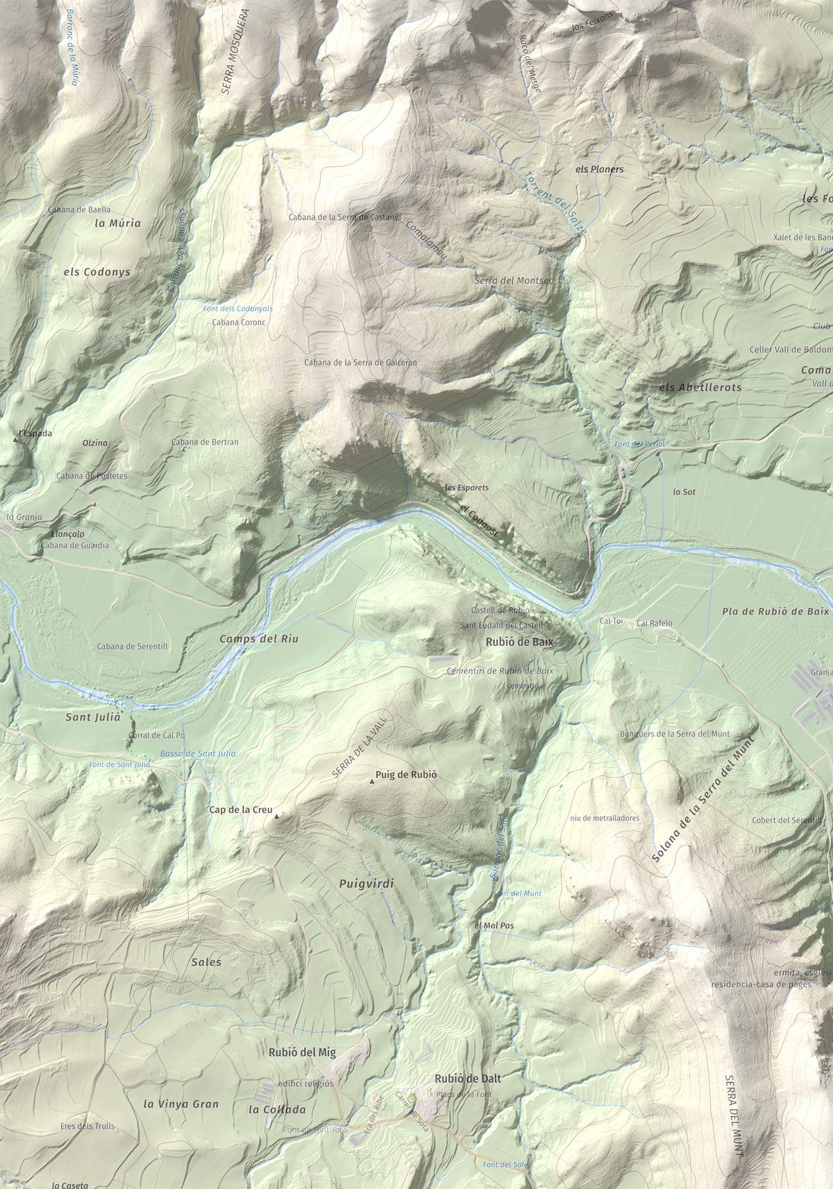 Mapa de relieve de Munt de Montsonís, 591 m, Noguera, lámina 100 Cims de Trobart. Detalle de la zona superior izquierda. 70 × 100 cm.