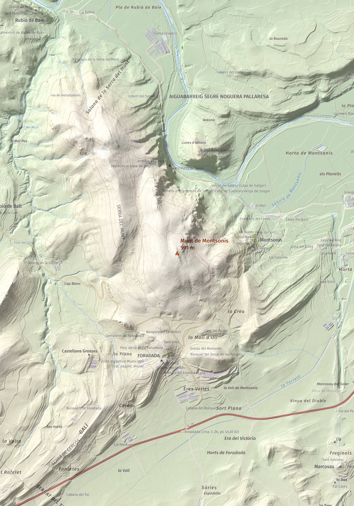 Mapa de relieve de Munt de Montsonís, 591 m, Noguera, lámina 100 Cims de Trobart. Detalle de la zona central. 70 × 100 cm.