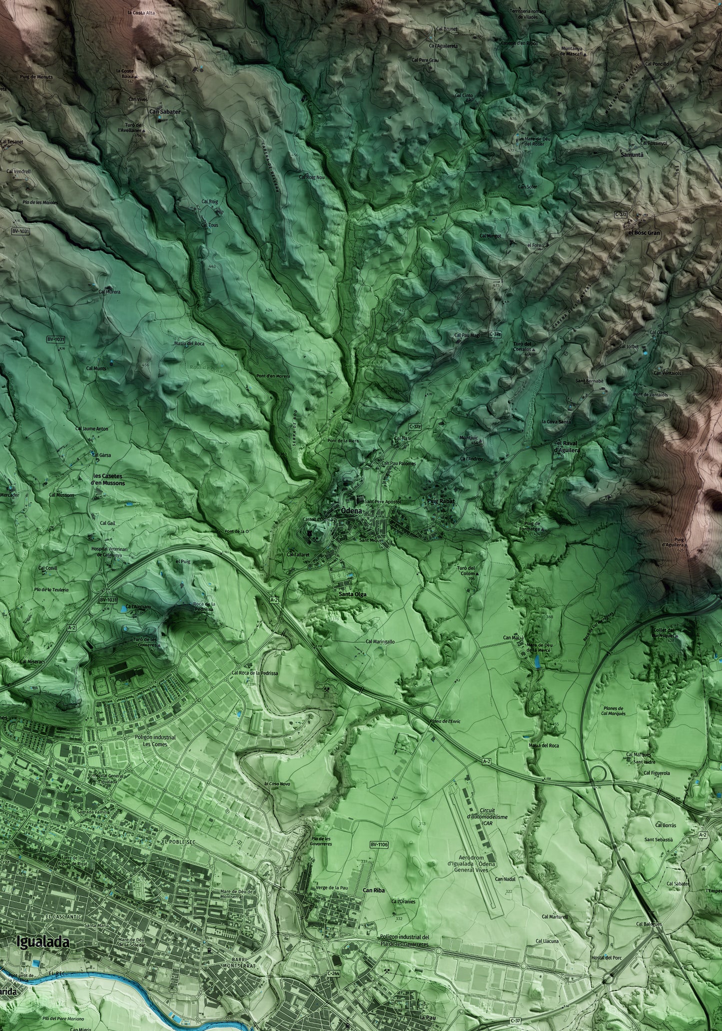 Mapa artístico del relieve de Òdena, al Anoia, con 15 km de entorno y base topográfica ICGC. Detalle de la zona central.