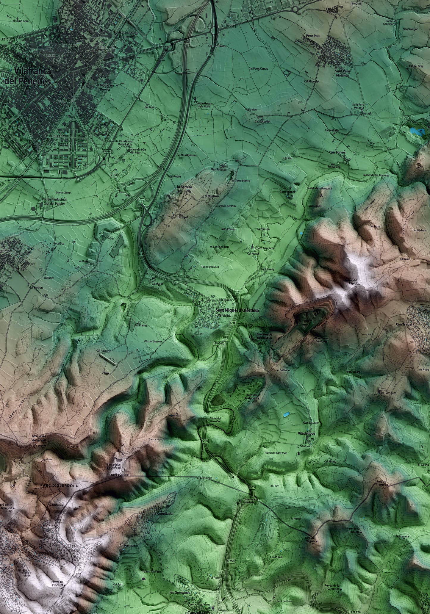 Mapa artístico del relieve de Olèrdola, al Alt Penedès, con 15 km de entorno y base topográfica ICGC. Detalle de la zona central.