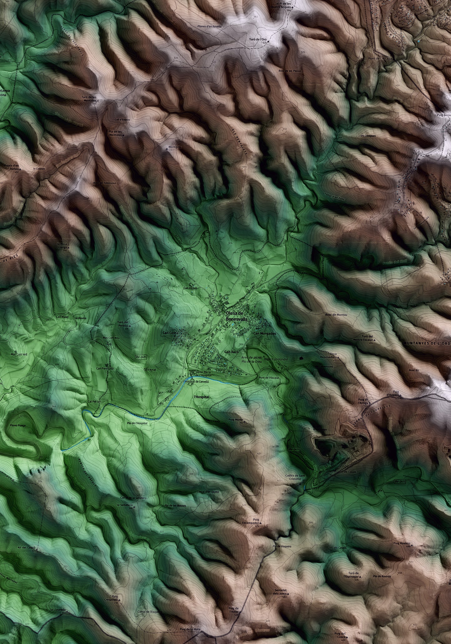 Mapa artístico del relieve de Olesa de Bonesvalls, al Alt Penedès, con 15 km de entorno y base topográfica ICGC. Detalle de la zona central.