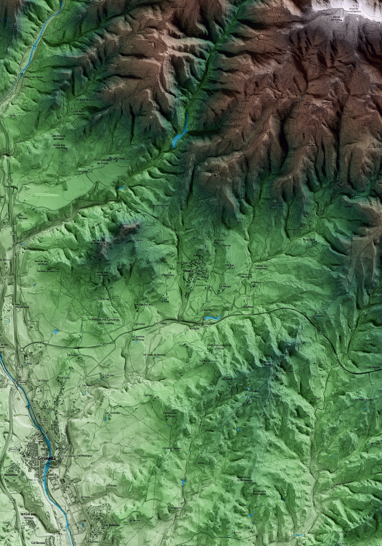 Mapa artístico del relieve de Olvan, al Berguedà, con 15 km de entorno y base topográfica ICGC. Detalle de la zona central.