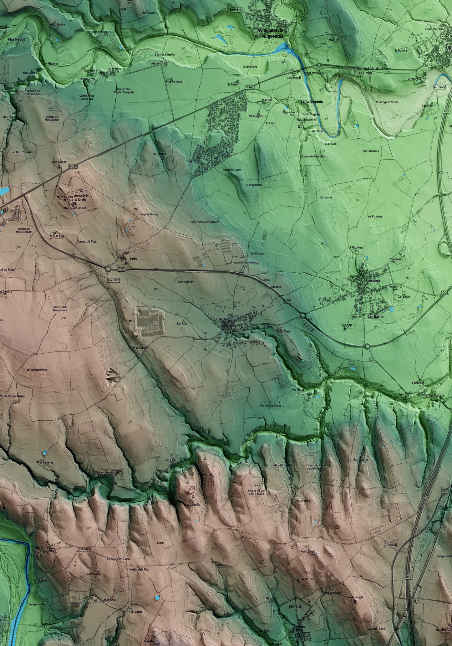 Mapa artístico del relieve de Ordis, al Alt Empordà, con 15 km de entorno y base topográfica ICGC. Detalle de la zona central.
