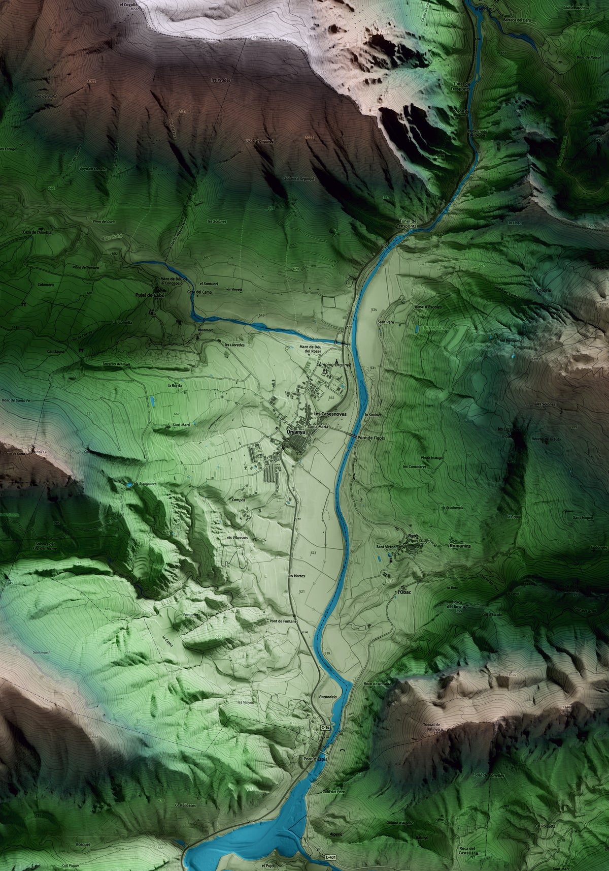 Mapa artístico del relieve de Organyà, al Alt Urgell, con 15 km de entorno y base topográfica ICGC. Detalle de la zona central.