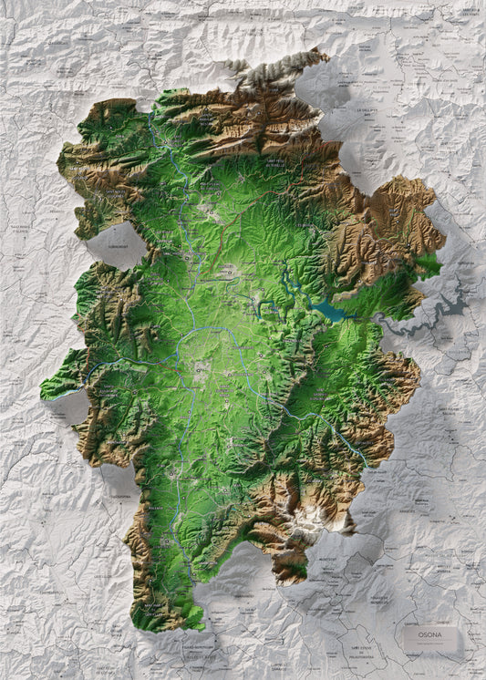 Mapa de relieve de Osona, con el territorio en color y el entorno en blanco. Vista completa de la lámina. 50 × 70 cm. Estilo Clásico.