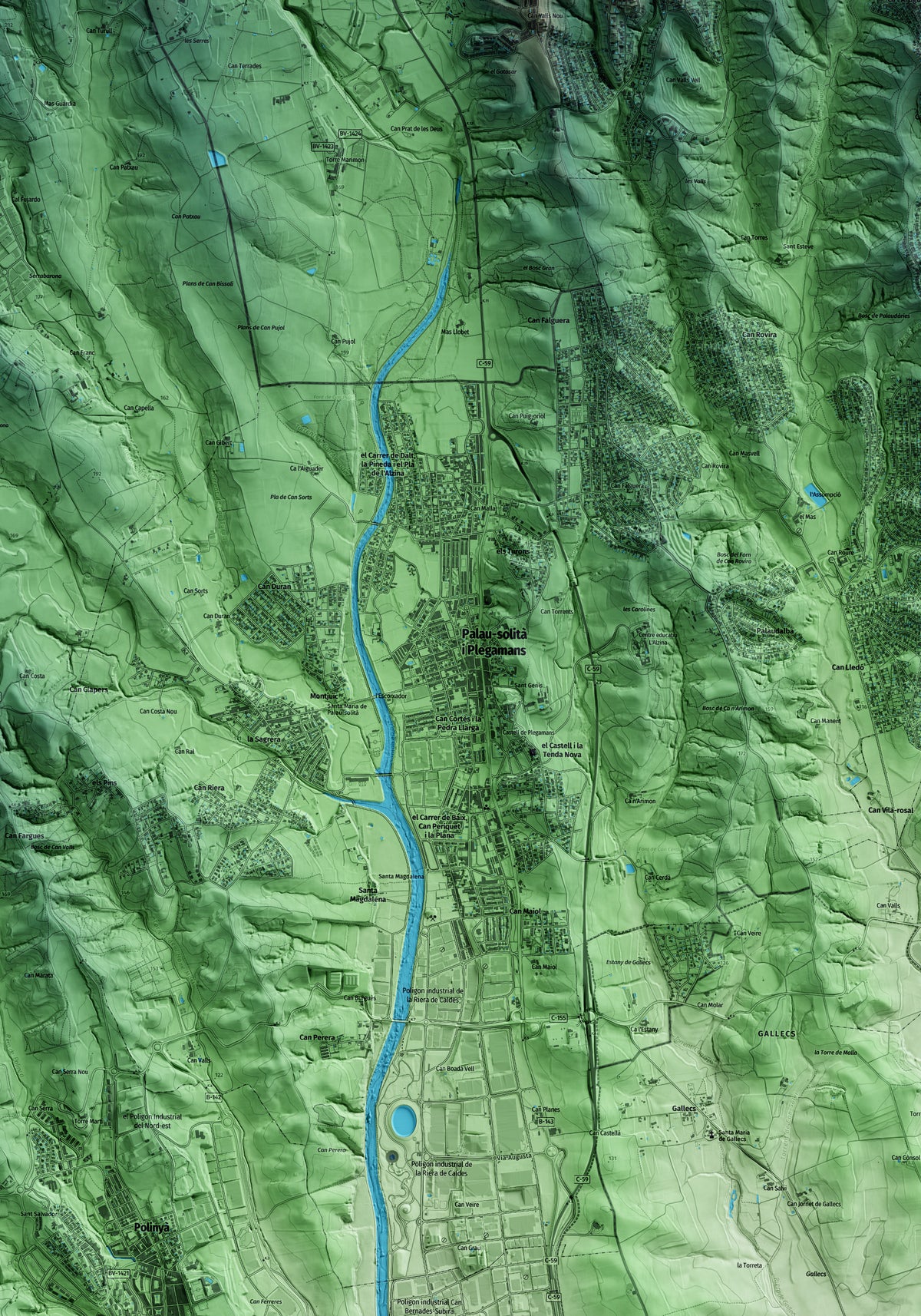 Mapa artístico del relieve de Palau-solità i Plegamans, al Vallès Occidental, con 15 km de entorno y base topográfica ICGC. Detalle de la zona central.