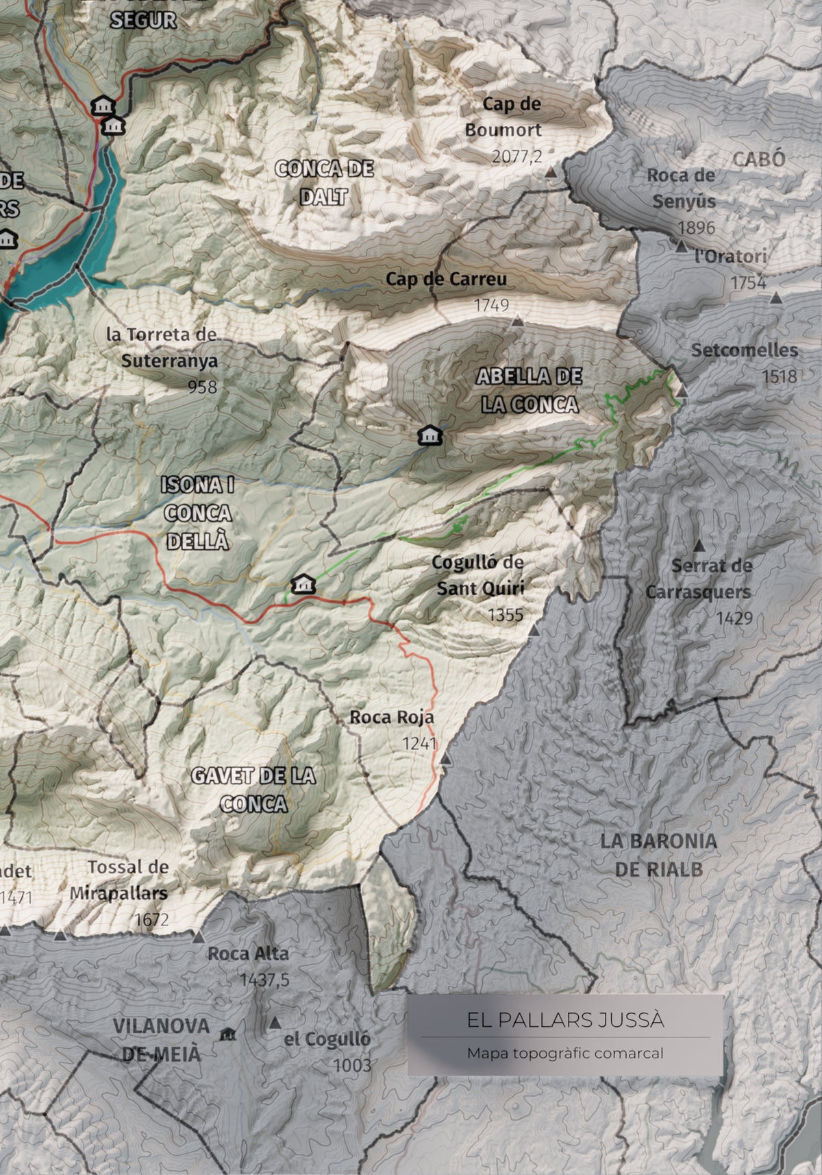 Mapa de relieve del Pallars Jussà, con el territorio en color y el entorno en blanco. Detalle de la zona inferior derecha. 21 × 30 cm. Estilo Cartográfico.