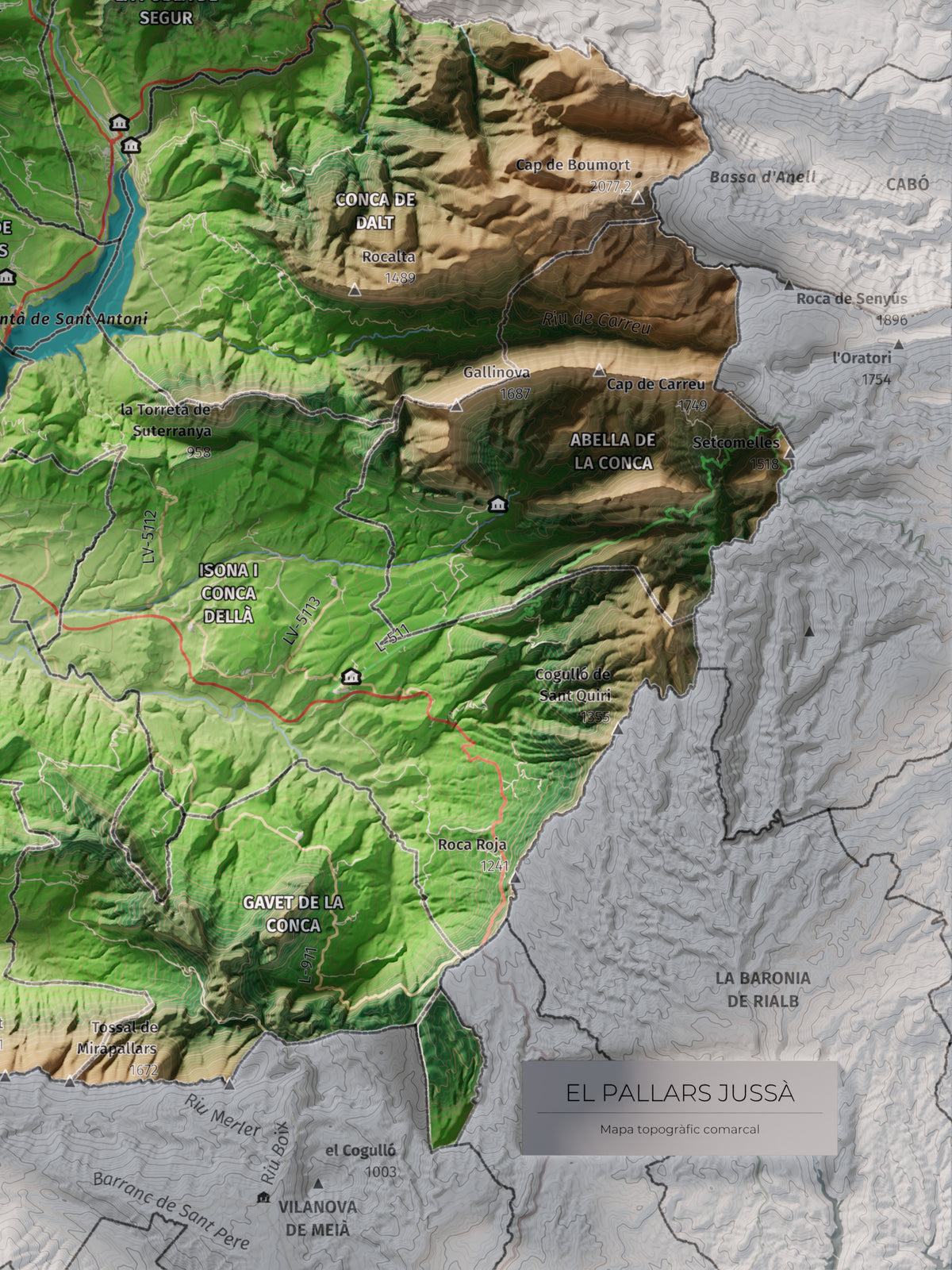 Mapa de relieve del Pallars Jussà, con el territorio en color y el entorno en blanco. Detalle de la zona inferior derecha. 30 × 40 cm. Estilo Clásico.