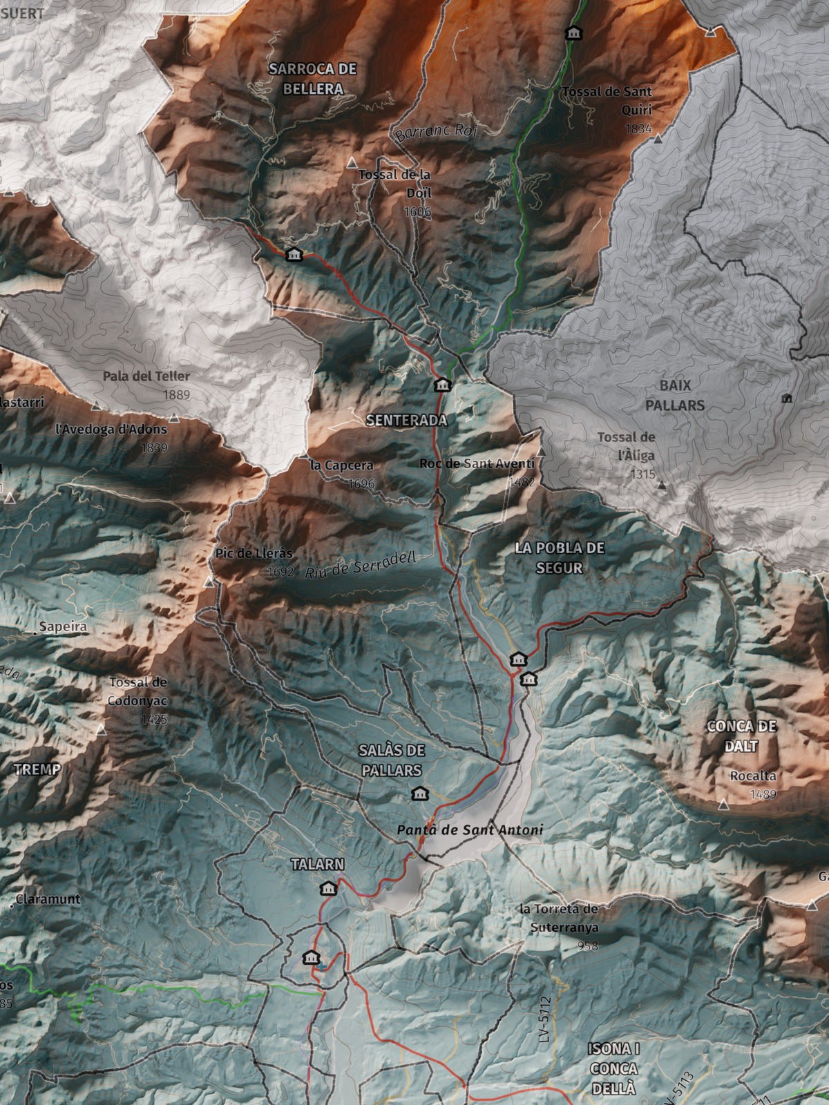 Mapa de relieve del Pallars Jussà, con el territorio en color y el entorno en blanco. Detalle de la zona central. 30 × 40 cm. Estilo Contrastado.