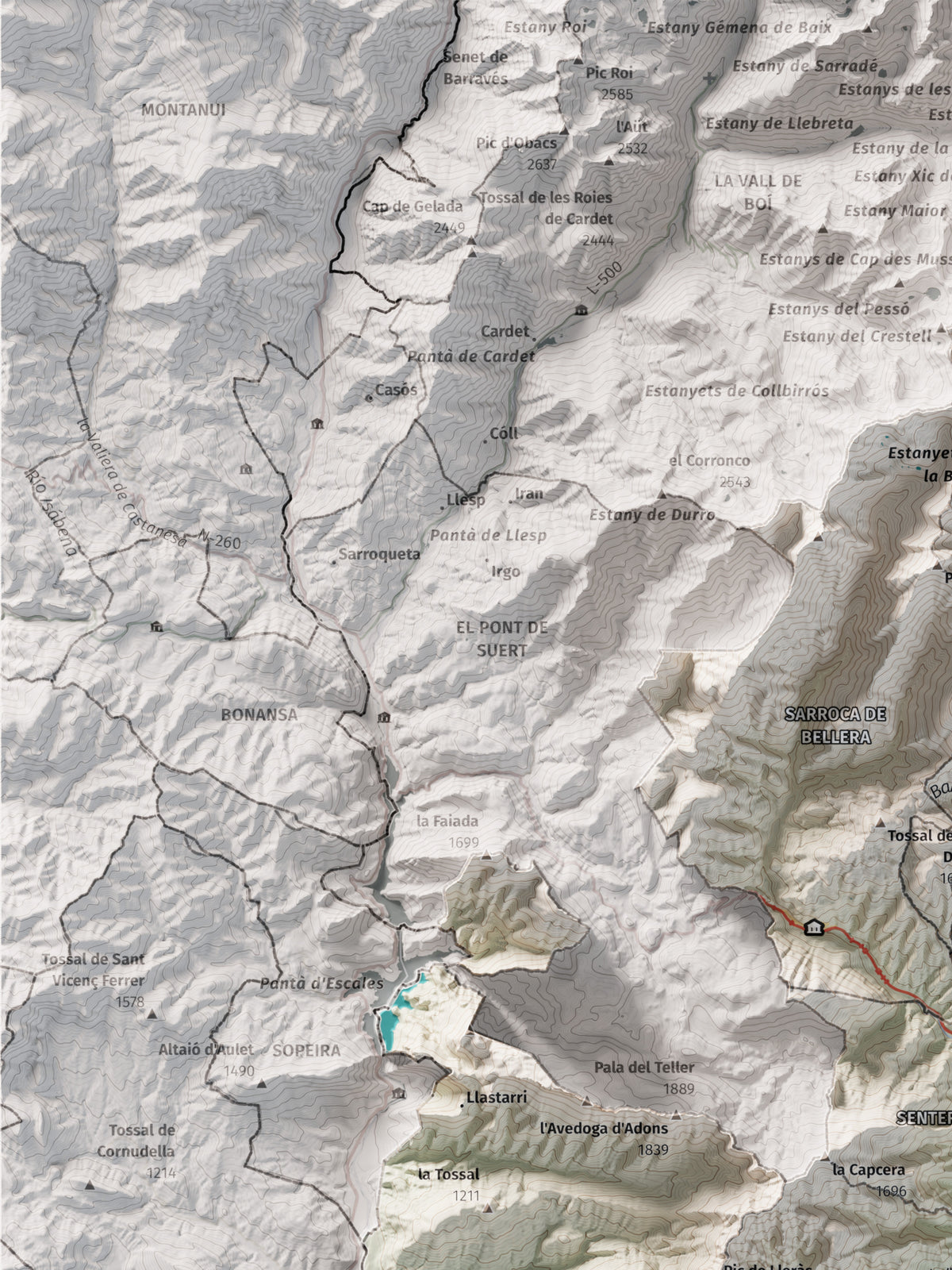 Mapa de relieve del Pallars Jussà, con el territorio en color y el entorno en blanco. Detalle de la zona superior izquierda. 30 × 40 cm. Estilo Cartográfico.