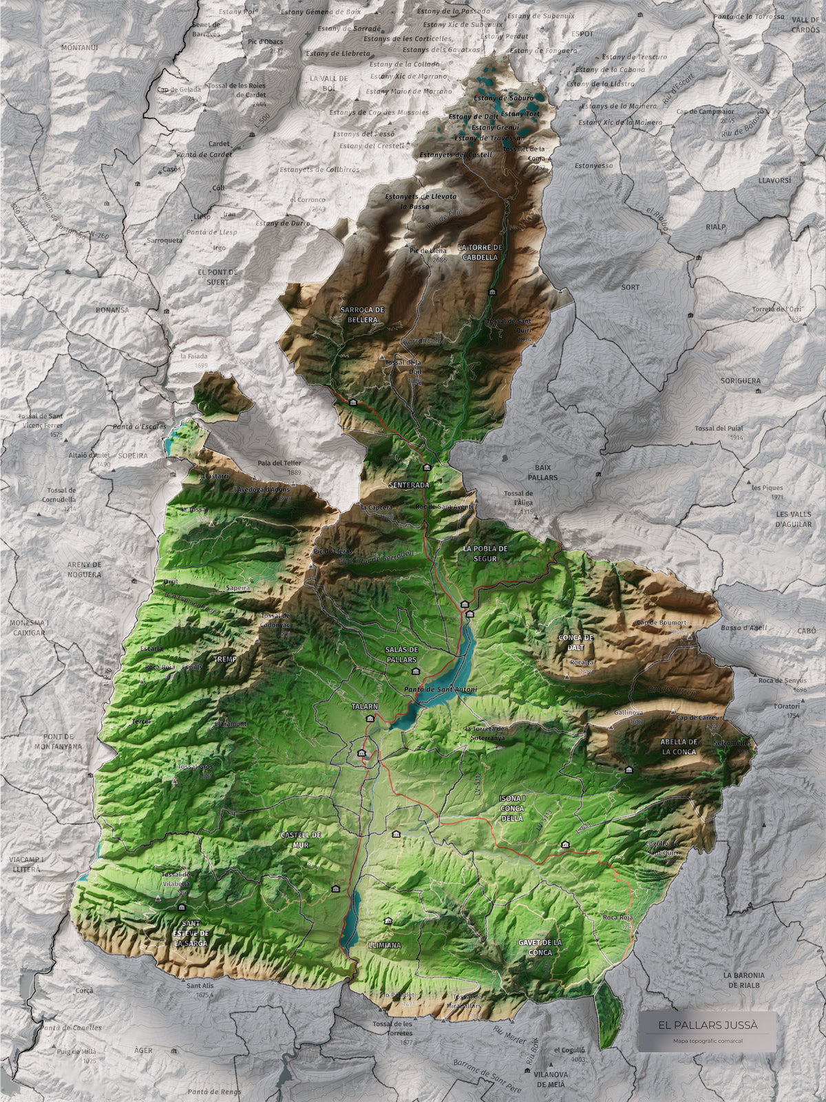 Mapa de relieve del Pallars Jussà, con el territorio en color y el entorno en blanco. Vista completa de la lámina. 30 × 40 cm. Estilo Clásico.