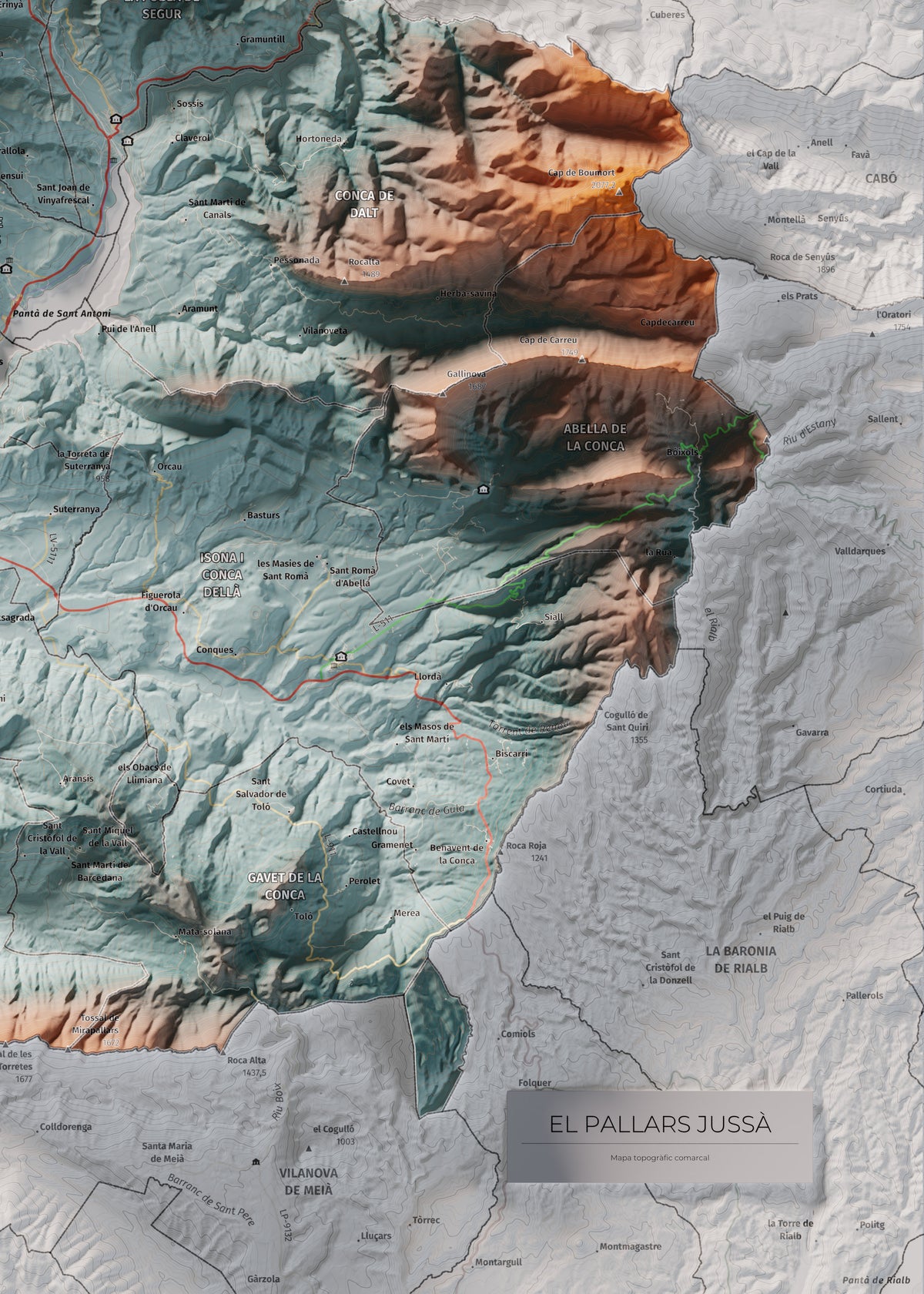 Mapa de relieve del Pallars Jussà, con el territorio en color y el entorno en blanco. Detalle de la zona inferior derecha. 50 × 70 cm. Estilo Contrastado.