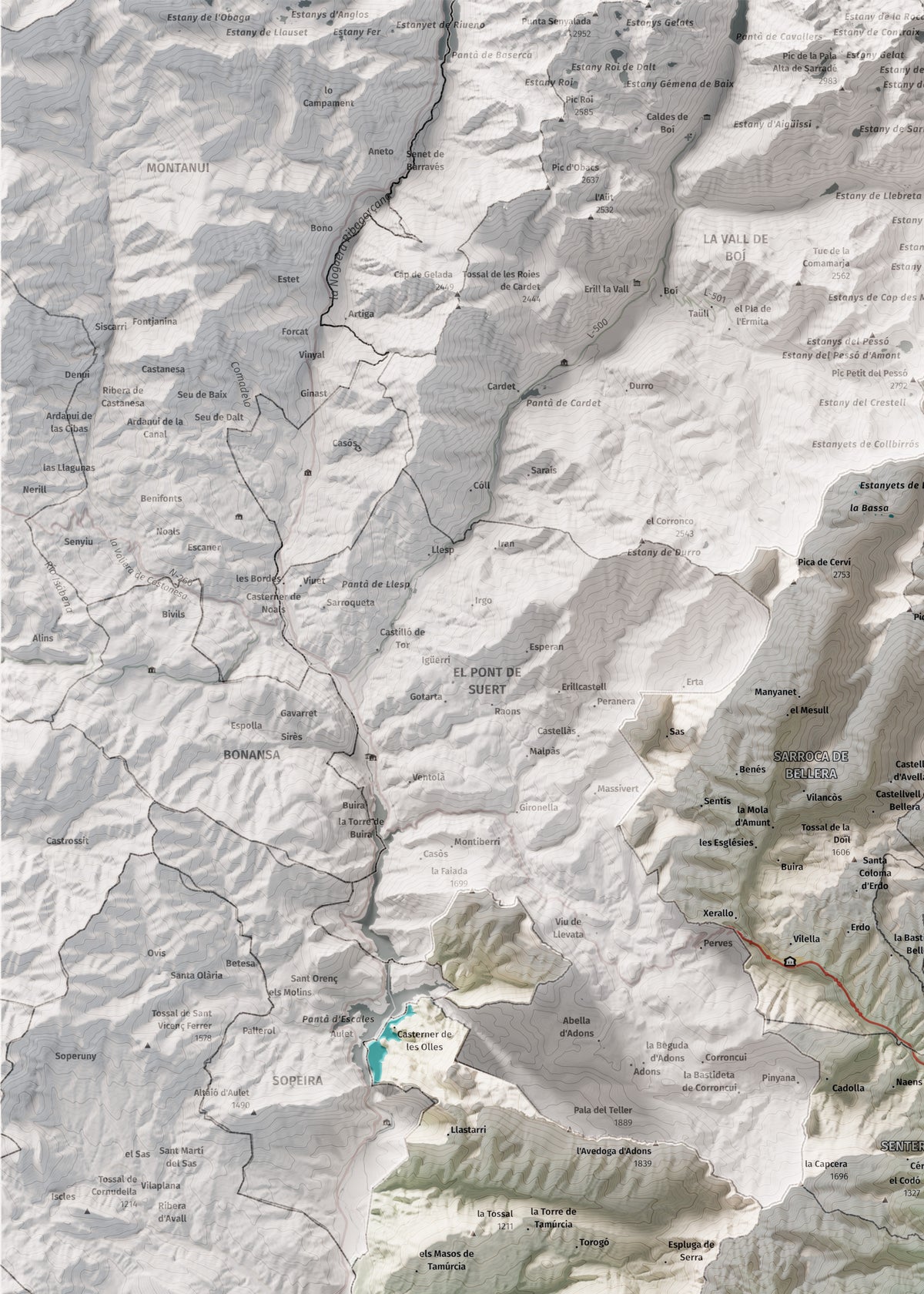 Mapa de relieve del Pallars Jussà, con el territorio en color y el entorno en blanco. Detalle de la zona superior izquierda. 50 × 70 cm. Estilo Cartográfico.