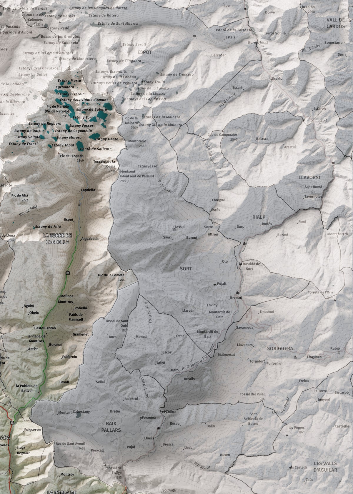 Mapa de relieve del Pallars Jussà, con el territorio en color y el entorno en blanco. Detalle de la zona superior derecha. 50 × 70 cm. Estilo Cartográfico.