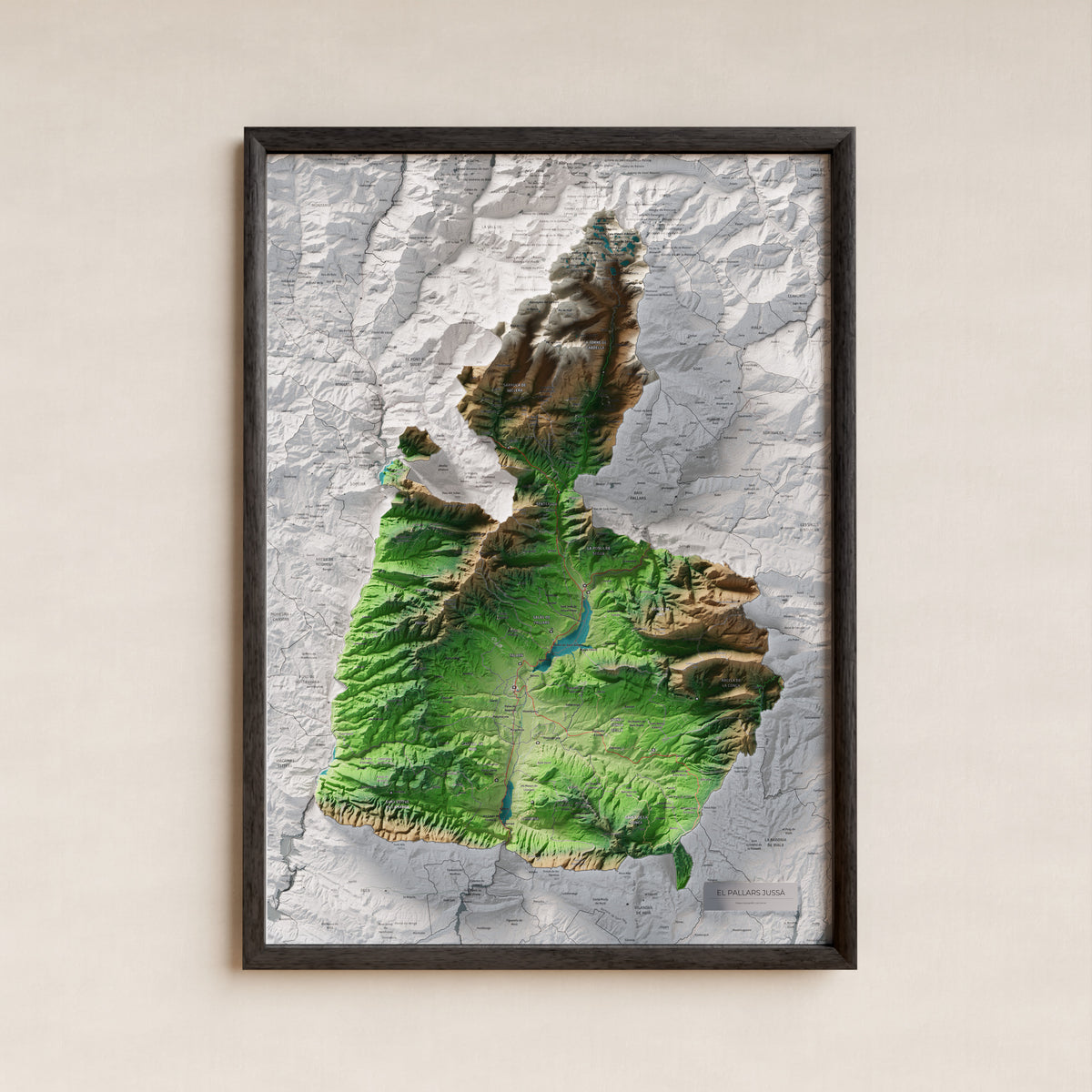 Mapa de relieve del Pallars Jussà, con el territorio en color y el entorno en blanco. Presentación con marco. 50 × 70 cm. Estilo Clásico.
