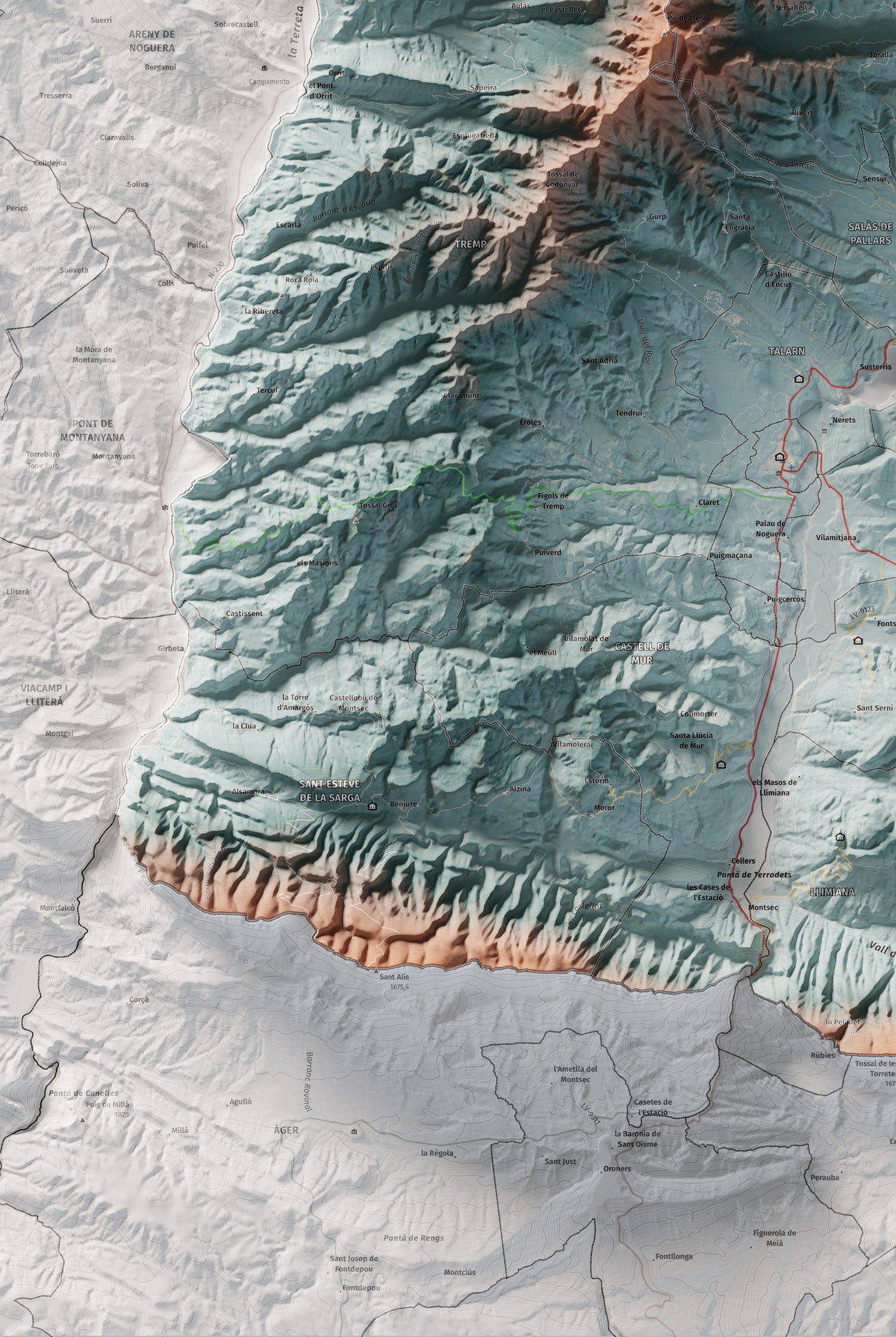 Mapa de relieve del Pallars Jussà, con el territorio en color y el entorno en blanco. Detalle de la zona inferior izquierda. 61 × 91 cm. Estilo Contrastado.