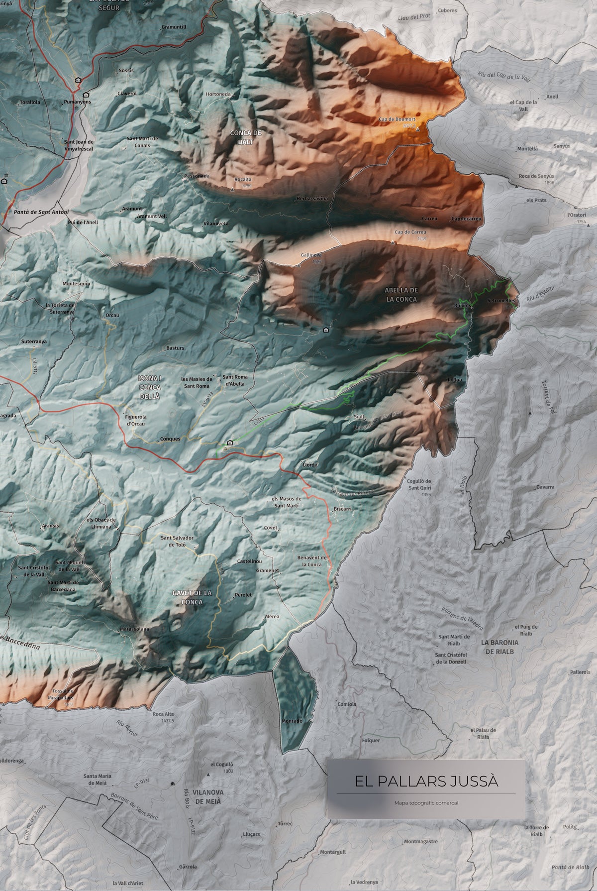 Mapa de relieve del Pallars Jussà, con el territorio en color y el entorno en blanco. Detalle de la zona inferior derecha. 61 × 91 cm. Estilo Contrastado.