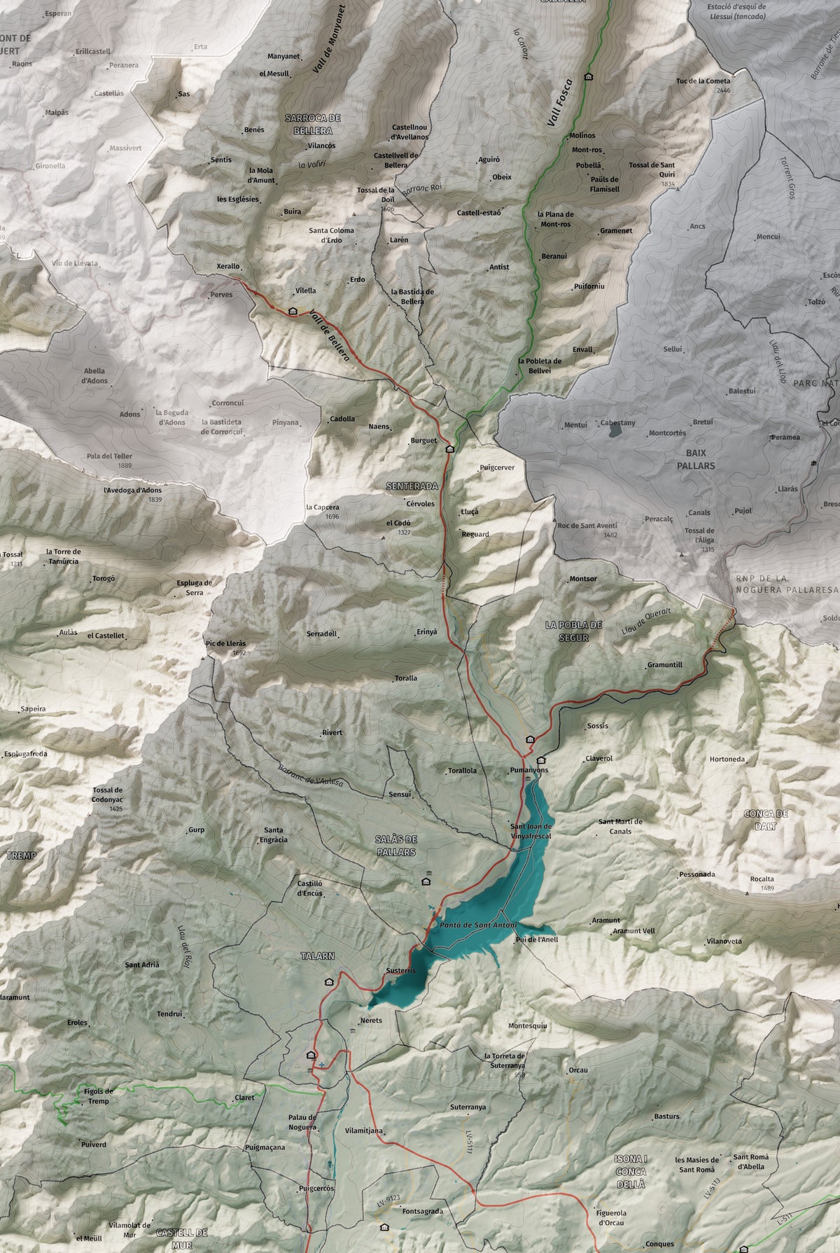 Mapa de relieve del Pallars Jussà, con el territorio en color y el entorno en blanco. Detalle de la zona central. 61 × 91 cm. Estilo Cartográfico.