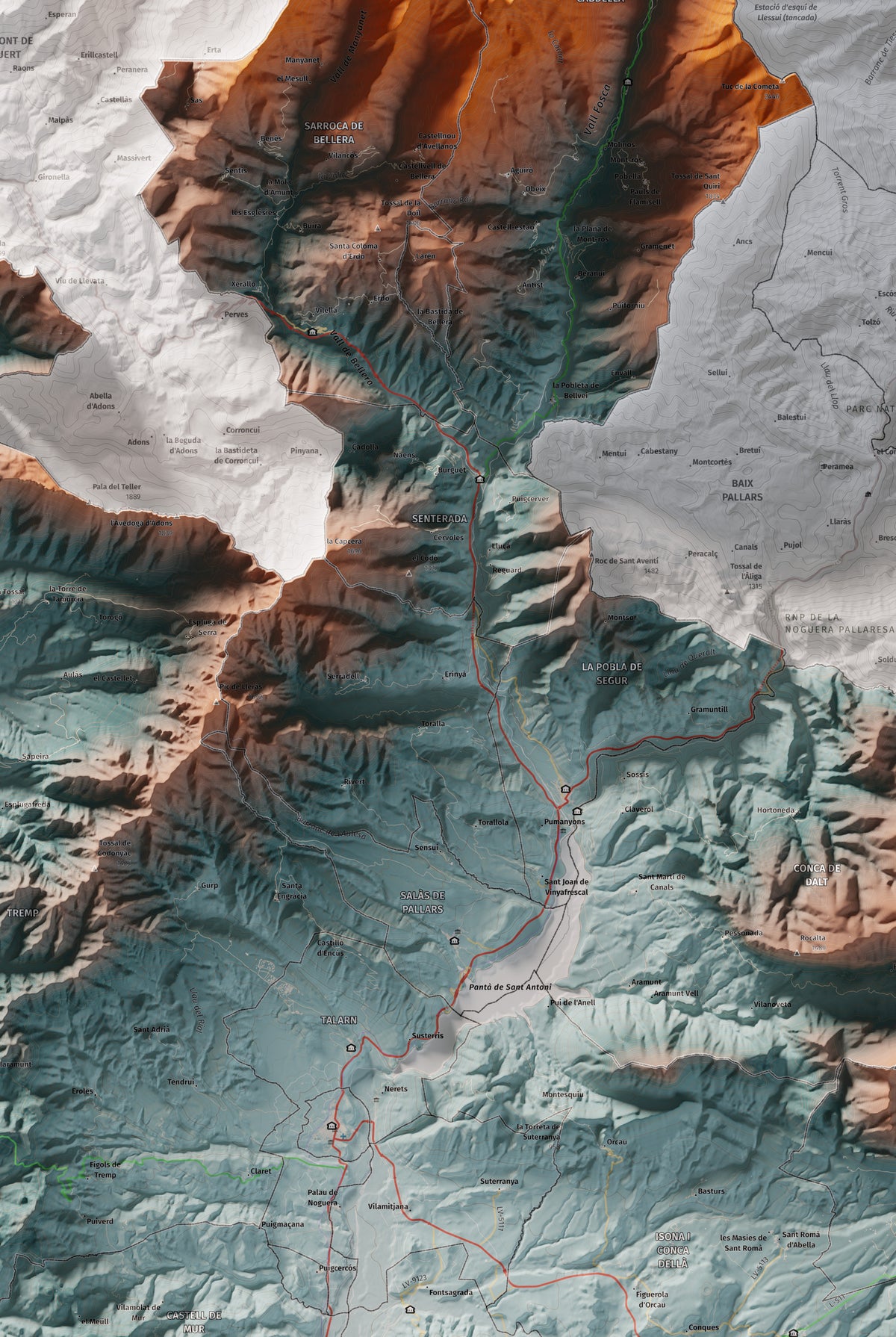 Mapa de relieve del Pallars Jussà, con el territorio en color y el entorno en blanco. Detalle de la zona central. 61 × 91 cm. Estilo Contrastado.