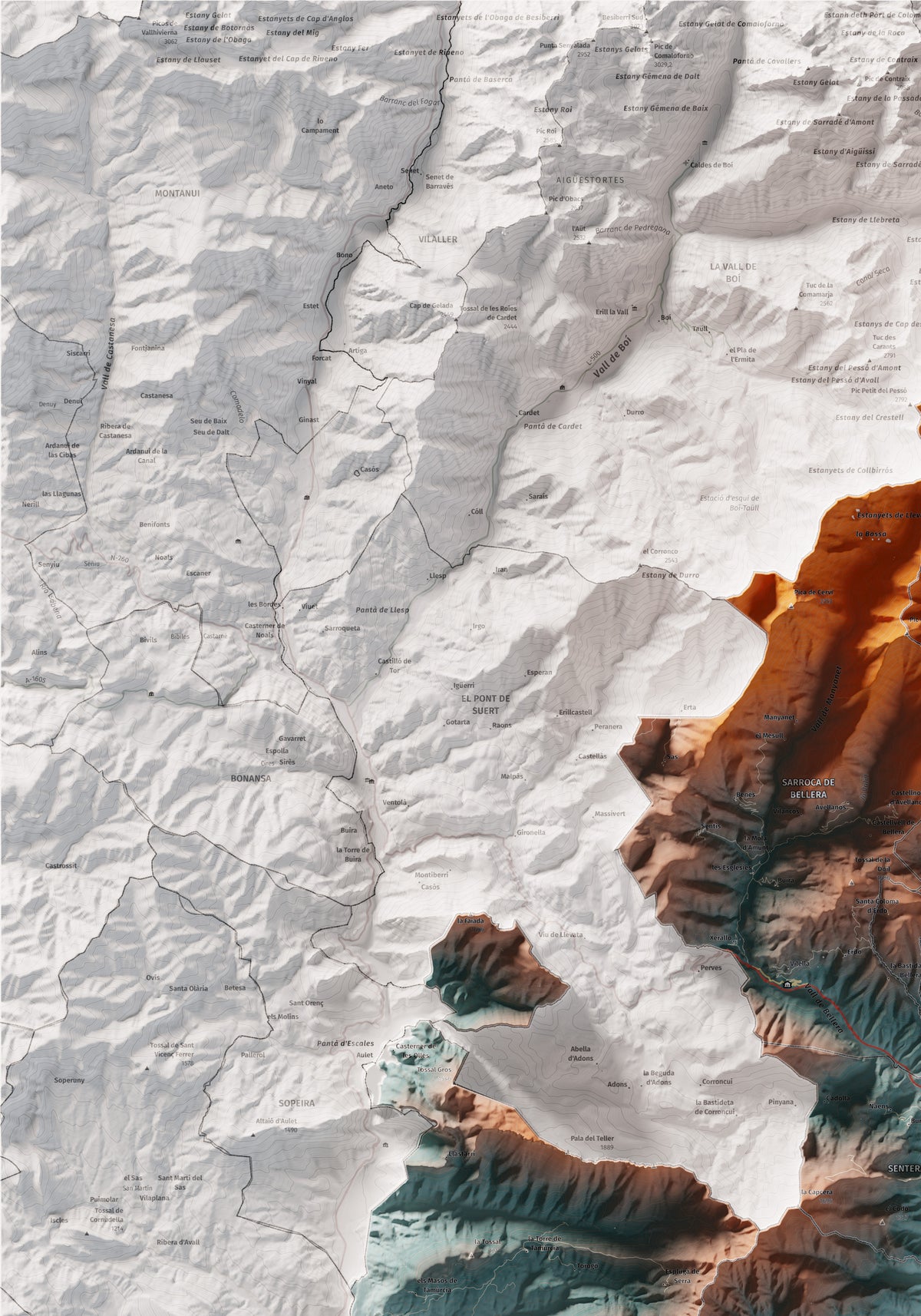 Mapa de relieve del Pallars Jussà, con el territorio en color y el entorno en blanco. Detalle de la zona superior izquierda. 70 × 100 cm. Estilo Contrastado.