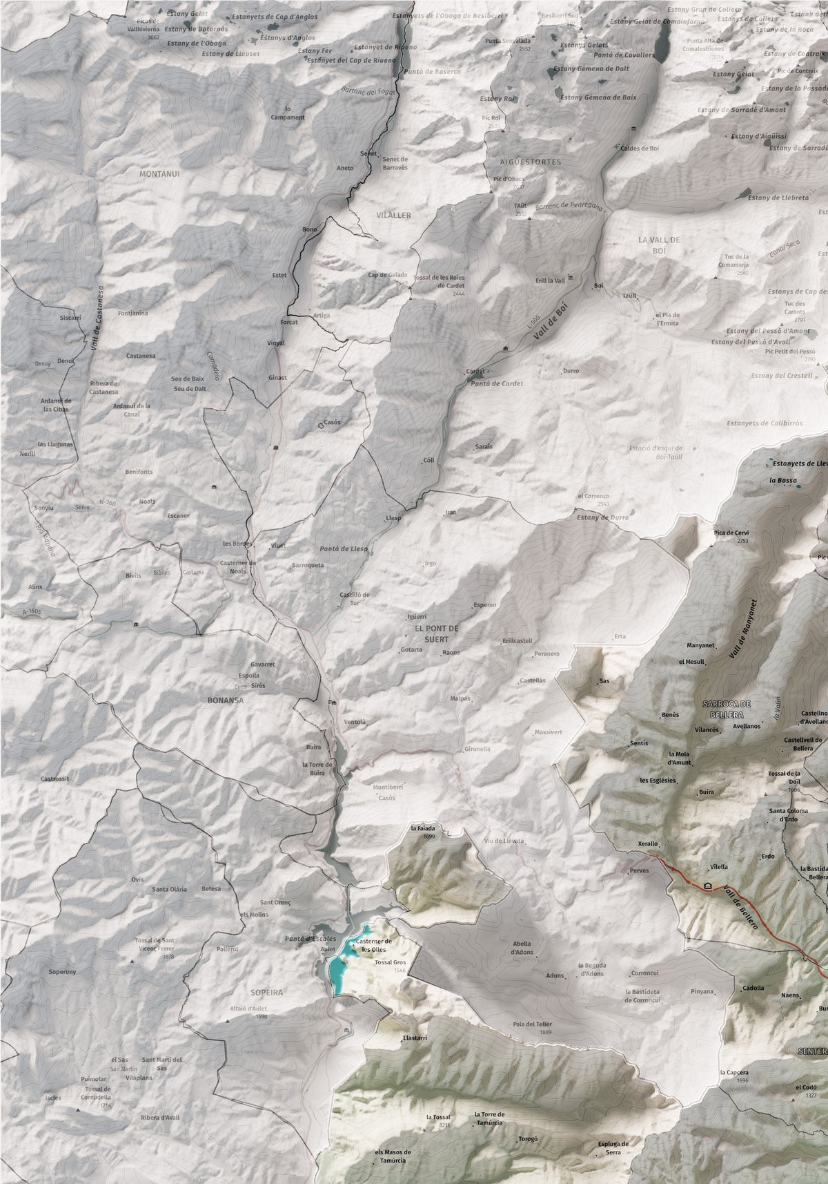 Mapa de relieve del Pallars Jussà, con el territorio en color y el entorno en blanco. Detalle de la zona superior izquierda. 70 × 100 cm. Estilo Cartográfico.