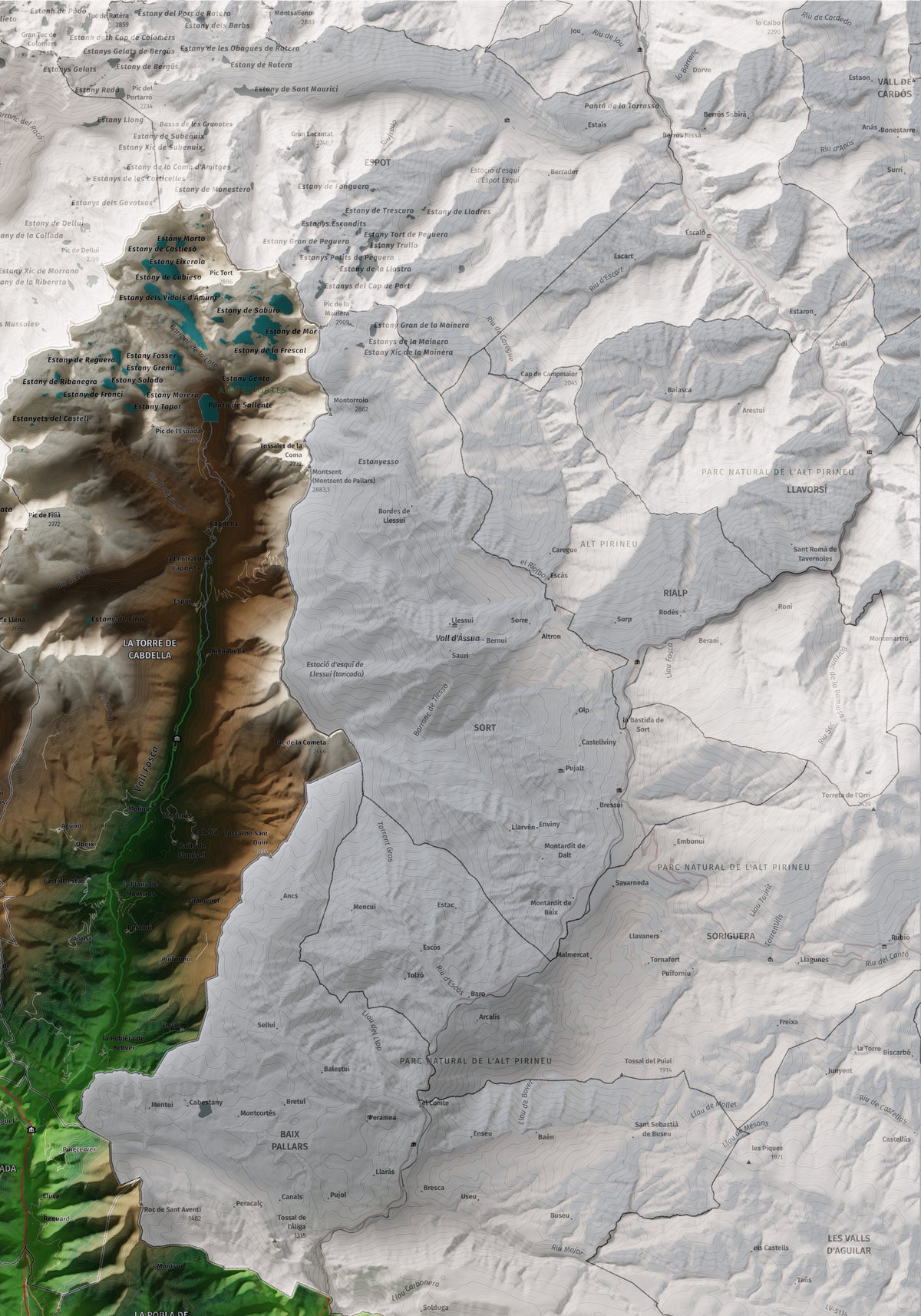 Mapa de relieve del Pallars Jussà, con el territorio en color y el entorno en blanco. Detalle de la zona superior derecha. 70 × 100 cm. Estilo Clásico.