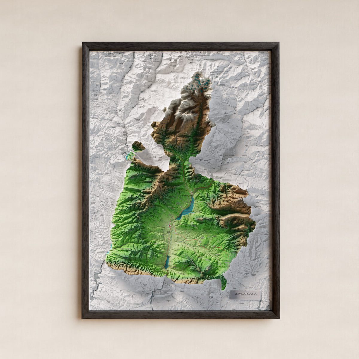 Mapa de relieve del Pallars Jussà, con el territorio en color y el entorno en blanco. Presentación con marco. 70 × 100 cm. Estilo Clásico.