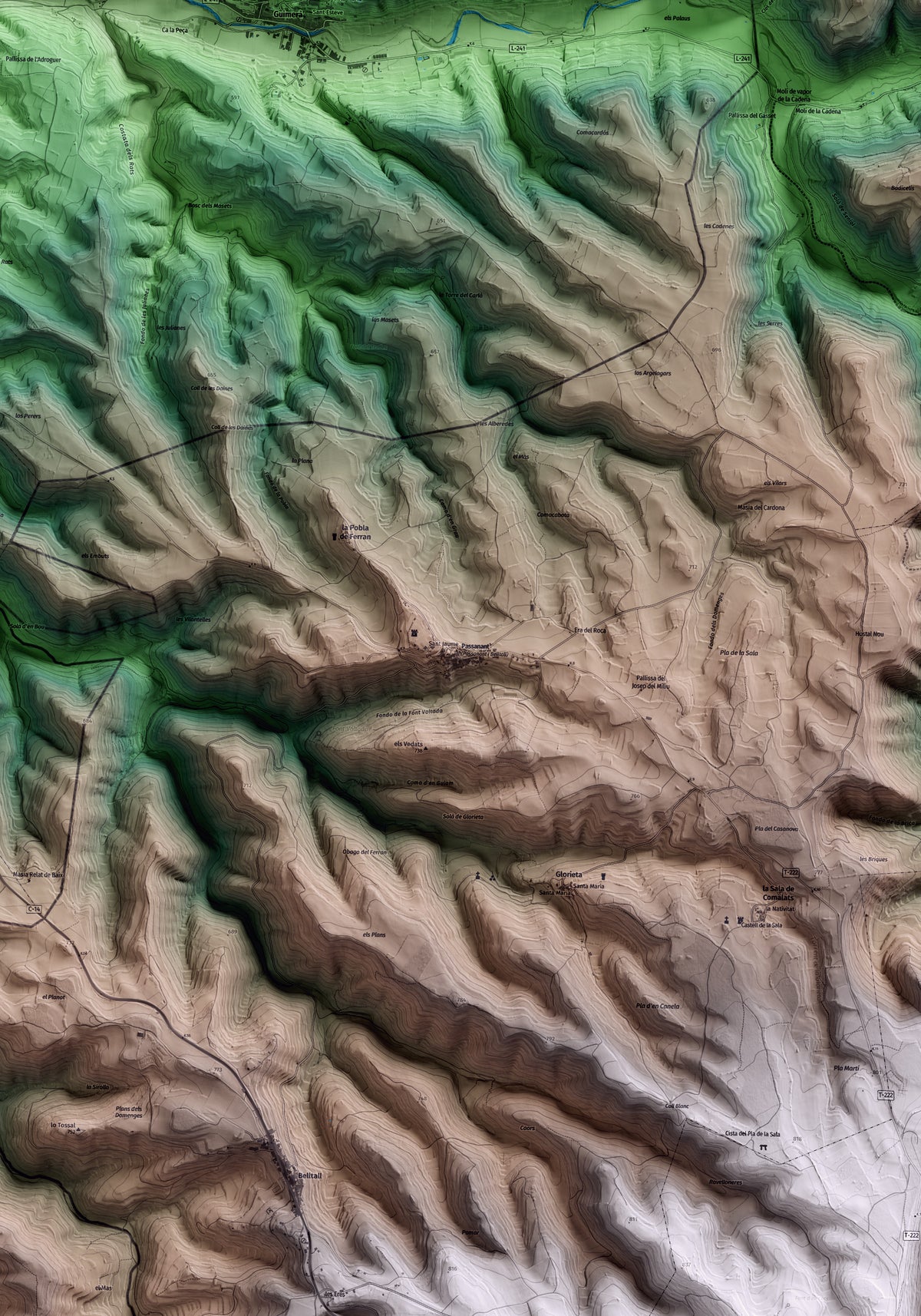 Mapa artístico del relieve de Passanant i Belltall, a la Conca de Barberà, con 15 km de entorno y base topográfica ICGC. Detalle de la zona central.