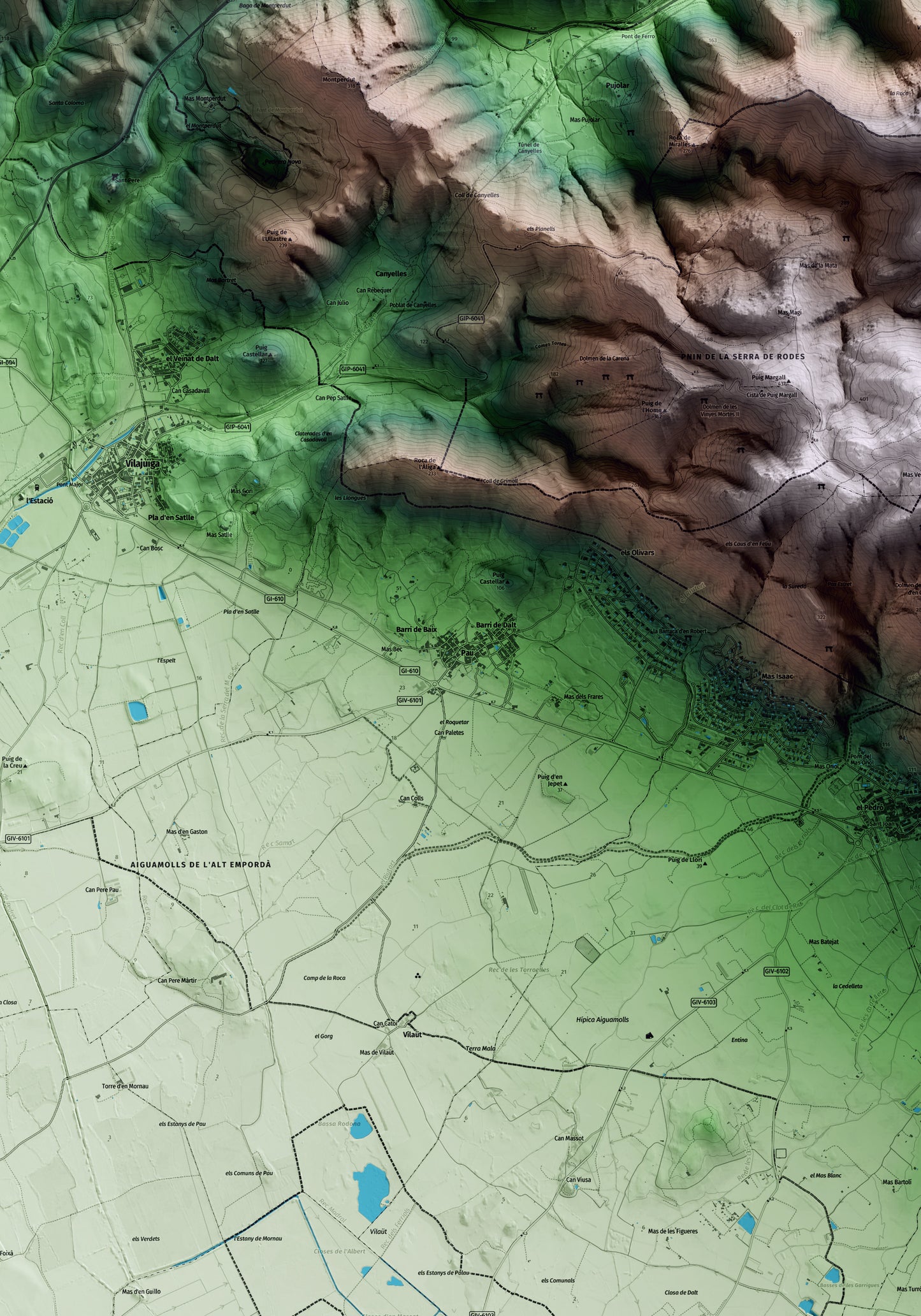 Mapa artístico del relieve de Pau, al Alt Empordà, con 15 km de entorno y base topográfica ICGC. Detalle de la zona central.
