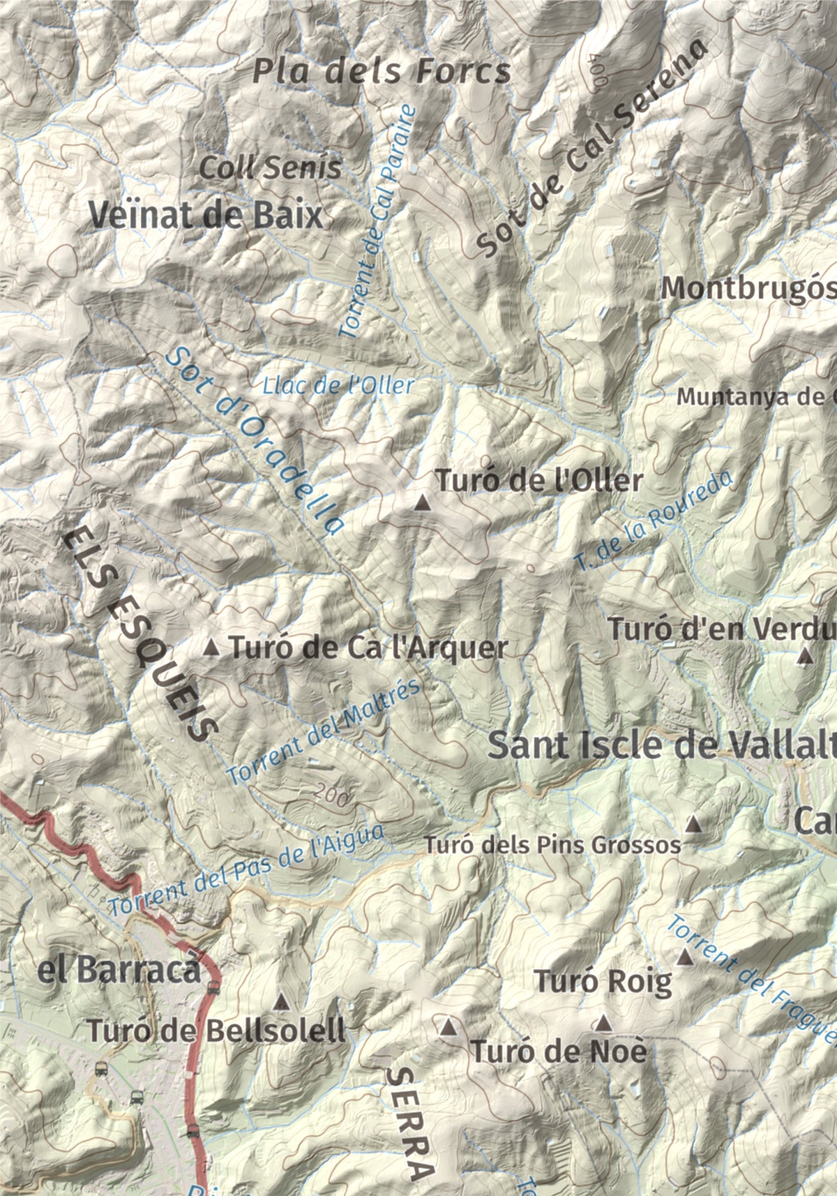 Mapa de relieve de Pedracastell o Creu de Canet, 287 m, Maresme, lámina 100 Cims de Trobart. Detalle de la zona superior izquierda. 21 × 30 cm.