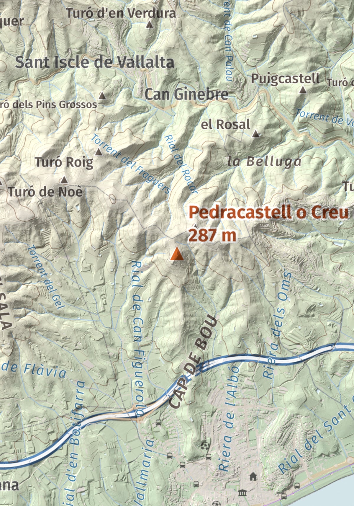 Mapa de relieve de Pedracastell o Creu de Canet, 287 m, Maresme, lámina 100 Cims de Trobart. Detalle de la zona central. 21 × 30 cm.