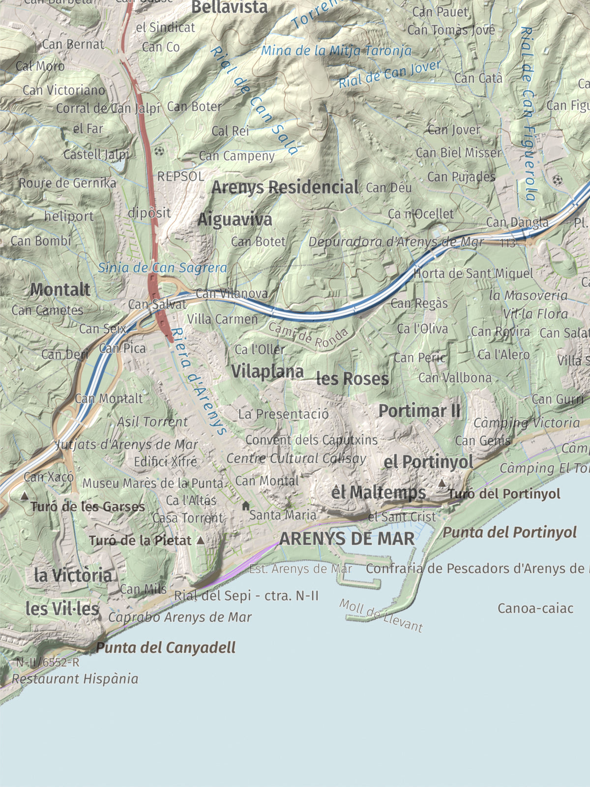 Mapa de relieve de Pedracastell o Creu de Canet, 287 m, Maresme, lámina 100 Cims de Trobart. Detalle de la zona inferior izquierda. 30 × 40 cm.