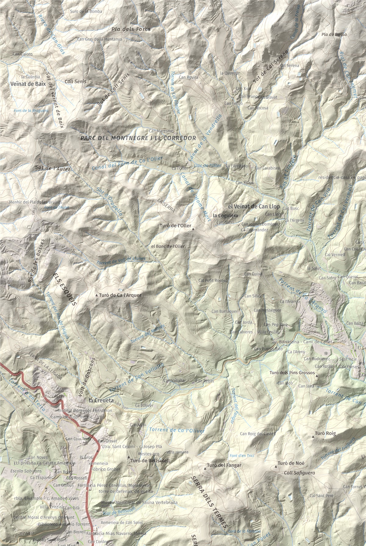 Mapa de relieve de Pedracastell o Creu de Canet, 287 m, Maresme, lámina 100 Cims de Trobart. Detalle de la zona superior izquierda. 61 × 91 cm.
