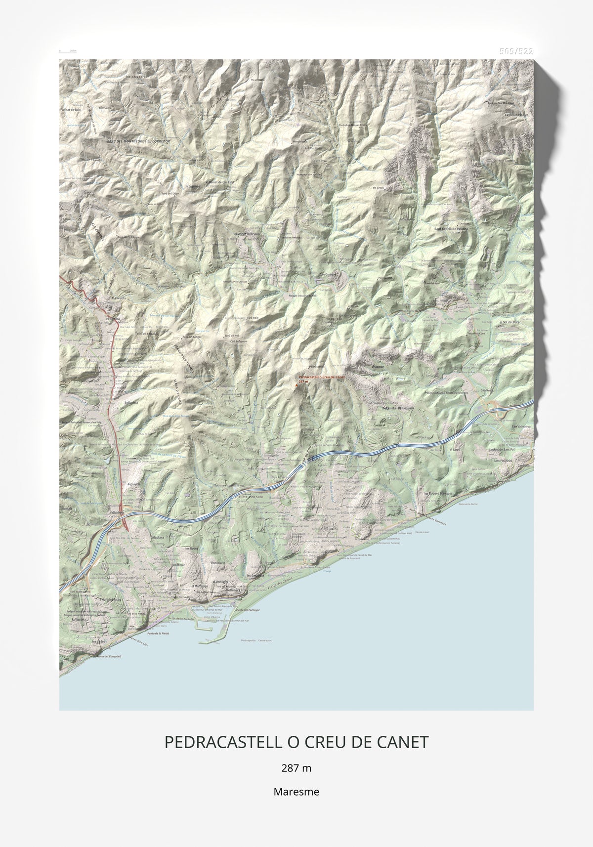 Mapa de relieve de Pedracastell o Creu de Canet, 287 m, Maresme, lámina 100 Cims de Trobart 70 × 100 cm.