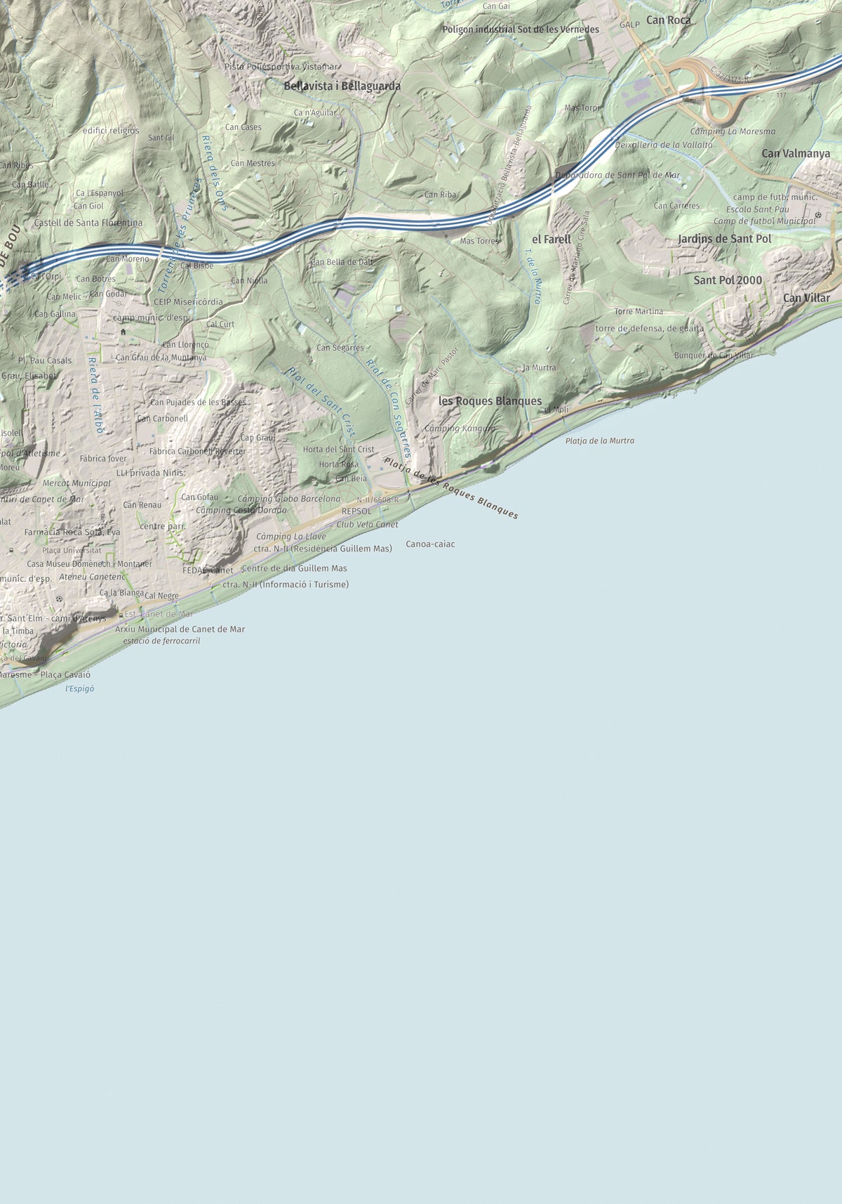 Mapa de relieve de Pedracastell o Creu de Canet, 287 m, Maresme, lámina 100 Cims de Trobart. Detalle de la zona inferior derecha. 70 × 100 cm.