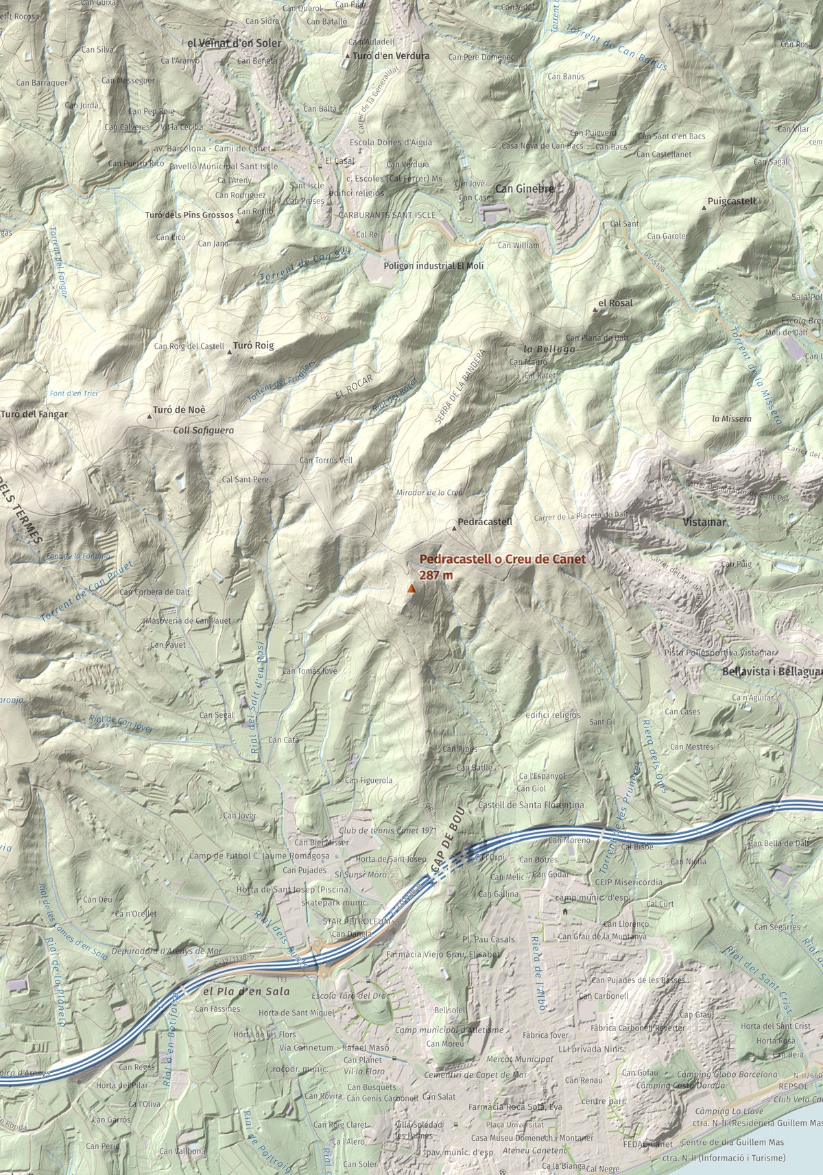 Mapa de relieve de Pedracastell o Creu de Canet, 287 m, Maresme, lámina 100 Cims de Trobart. Detalle de la zona central. 70 × 100 cm.