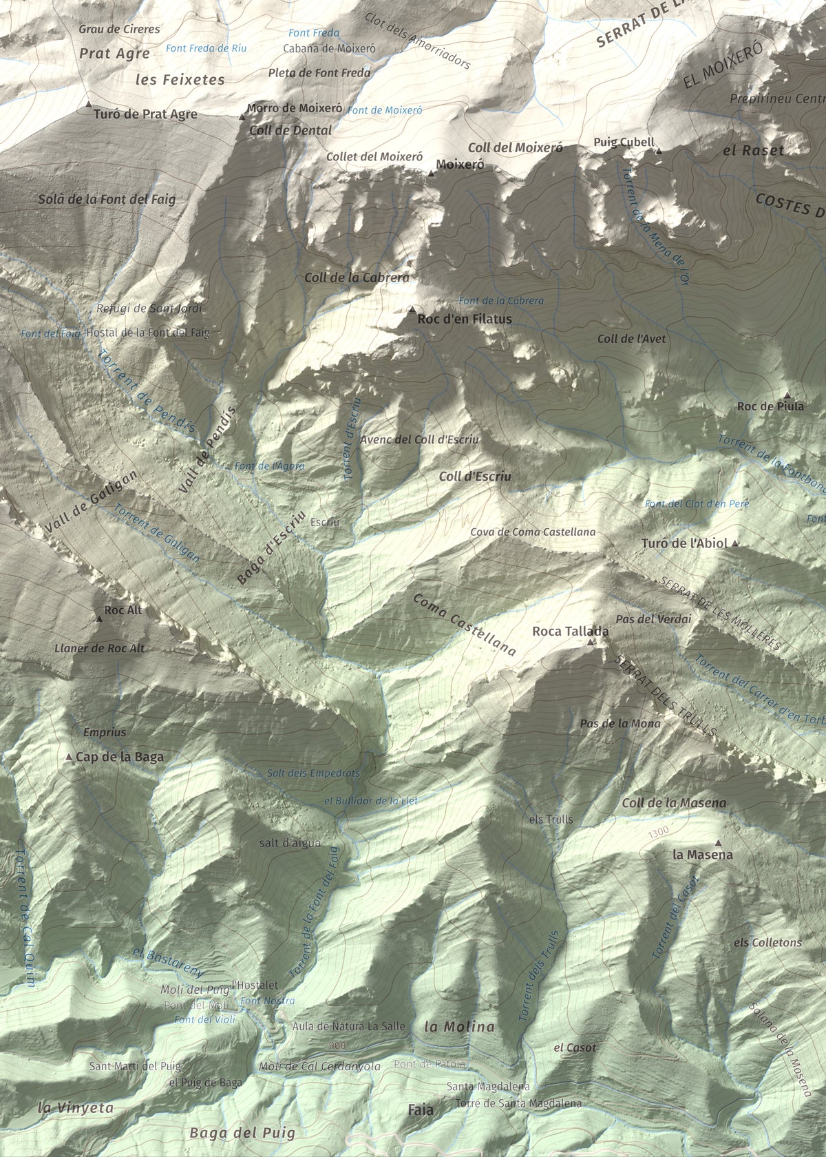 Mapa topográfico del relieve: Penyes Altes, 2276 m. Detalle de la zona inferior izquierda. 50 × 70 cm.