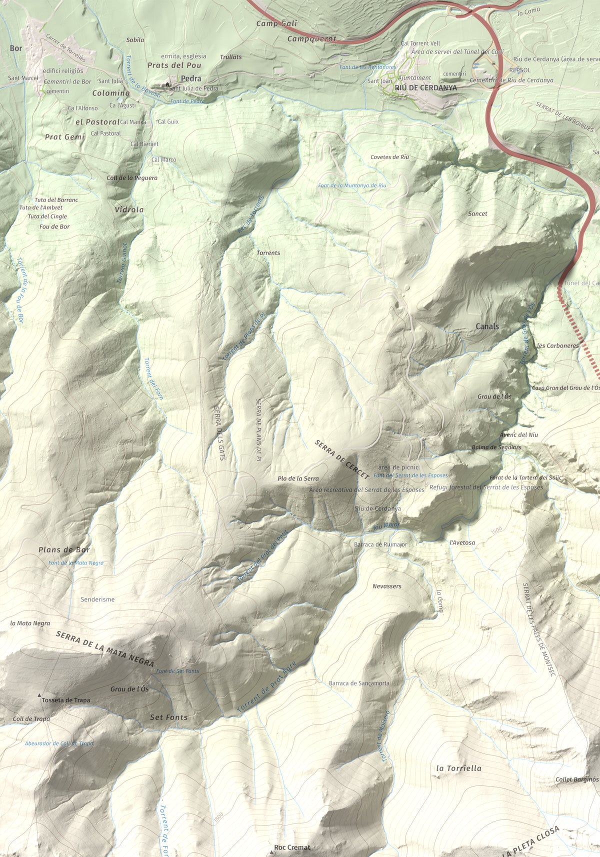 Mapa topográfico del relieve: Penyes Altes, 2276 m. Detalle de la zona superior izquierda. 70 × 100 cm.