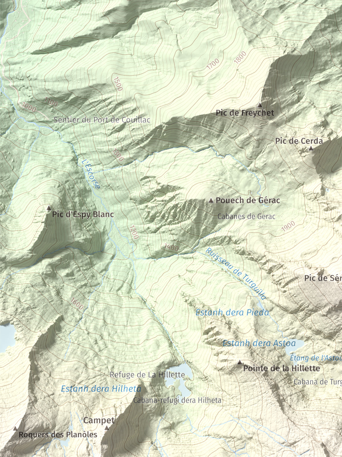 Mapa topográfico del relieve: Pic de Colatx, 2570 m. Detalle de la zona superior izquierda. 30 × 40 cm.